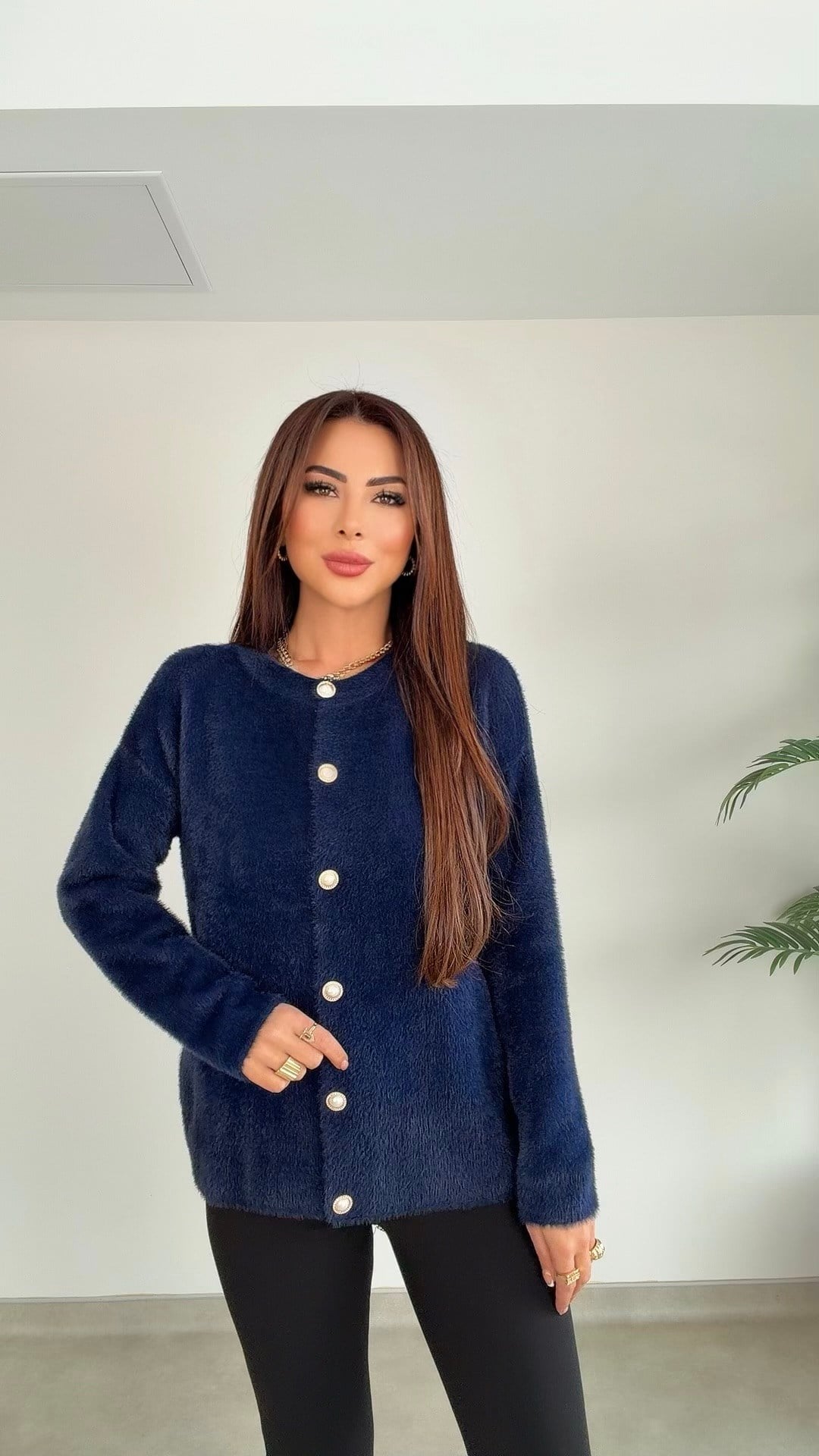 Fesmin İnci Düğme Detaylı Yumoş Kadın Lacivert Hırka
