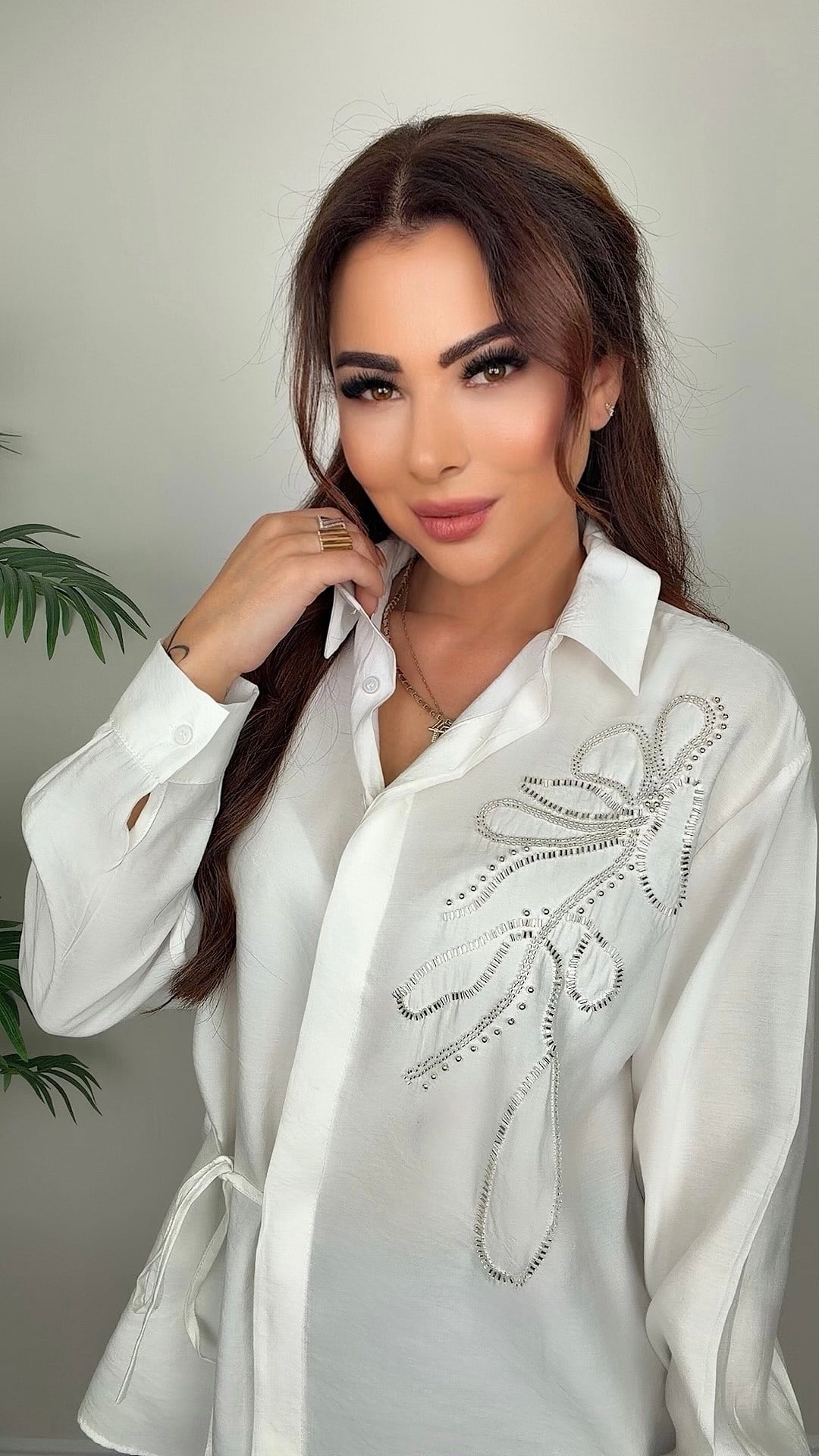 Flower Kadın İşlemeli Modal Beyaz Gömlek