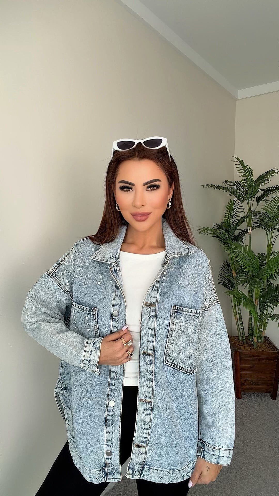Fra Kadın Taşlı Oversize Jean Ceket