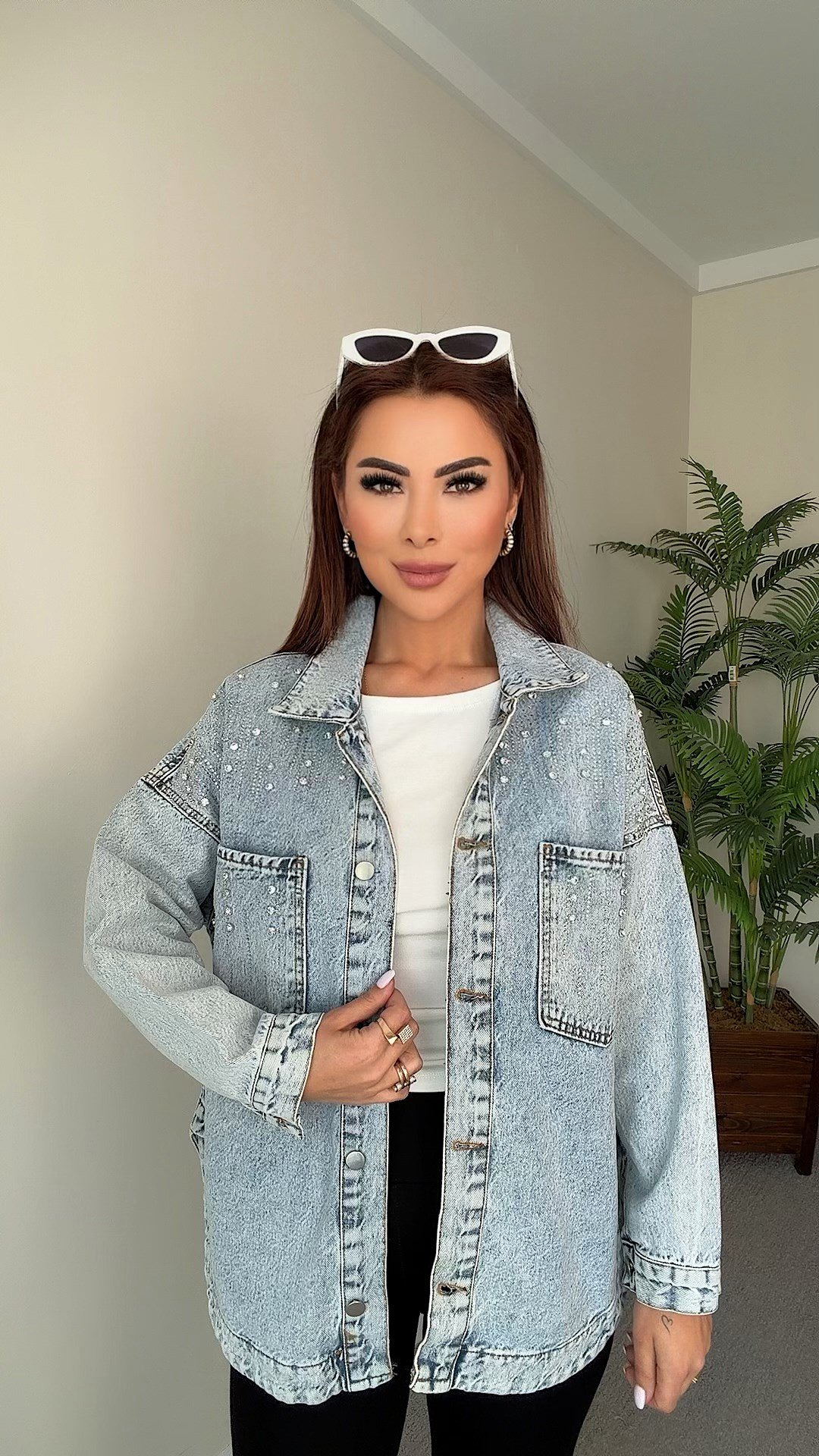 Fra Kadın Taşlı Oversize Jean Ceket