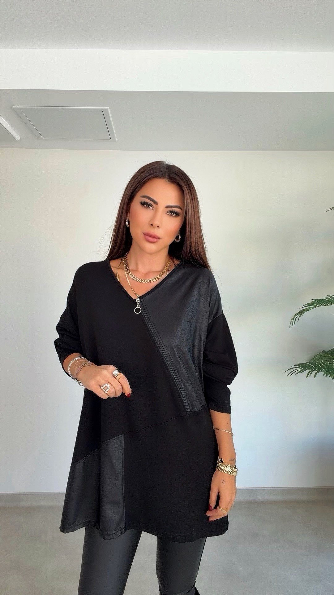 Gania Kadın Deri Garnili Fermuarlı Siyah Tunik