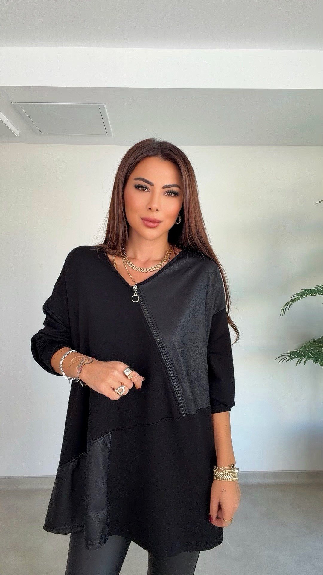 Gania Kadın Deri Garnili Fermuarlı Siyah Tunik