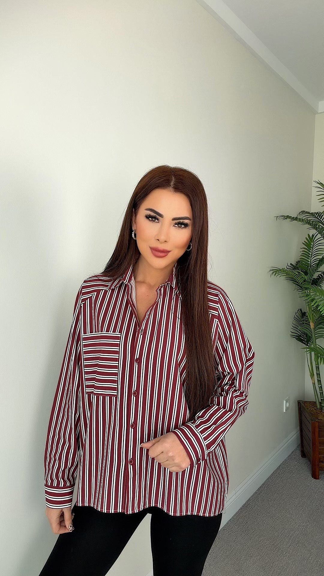 Giana Kadın Bordo Çizgili Oversize Gömlek