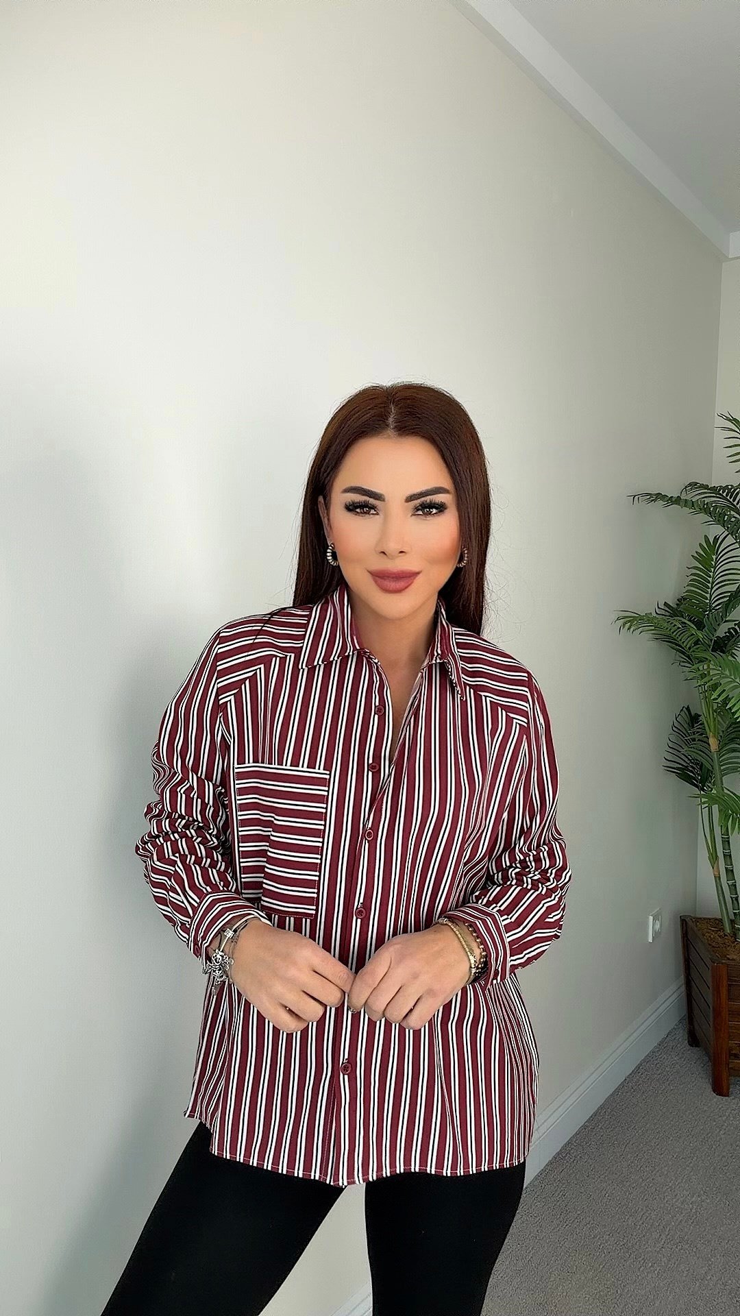 Giana Kadın Bordo Çizgili Oversize Gömlek