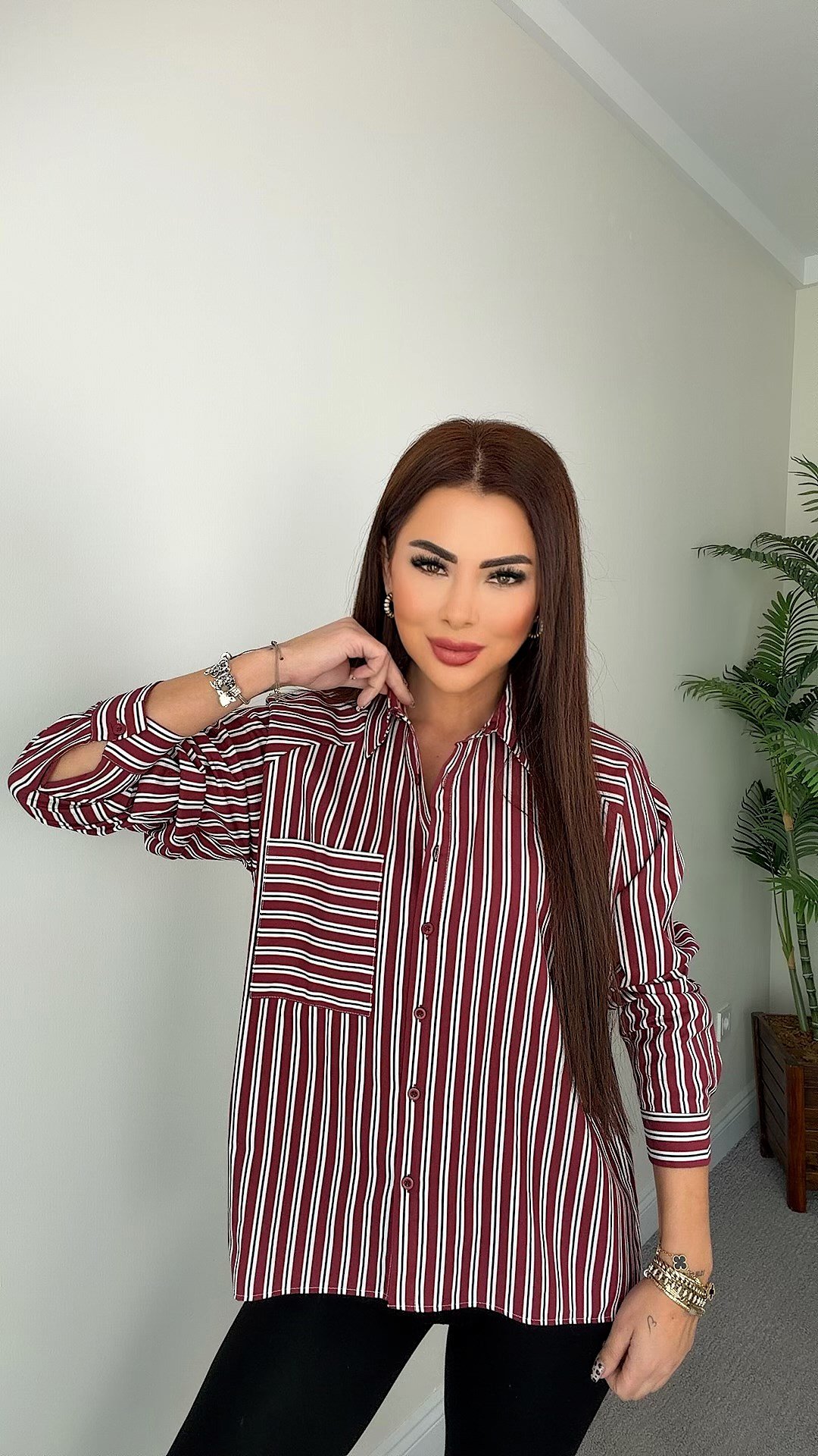 Giana Kadın Bordo Çizgili Oversize Gömlek