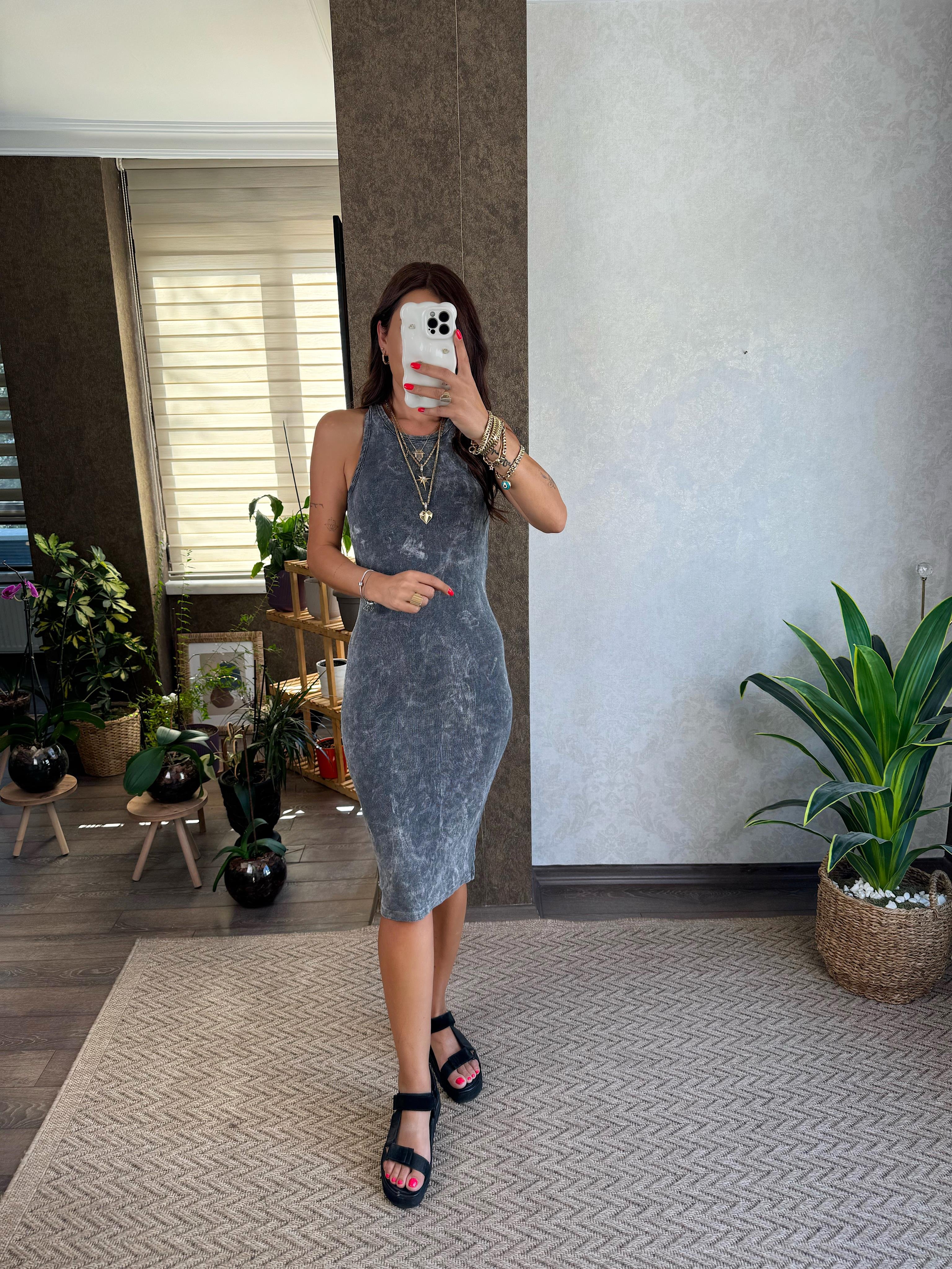Gray Kadın Batik Desenli Elbise 