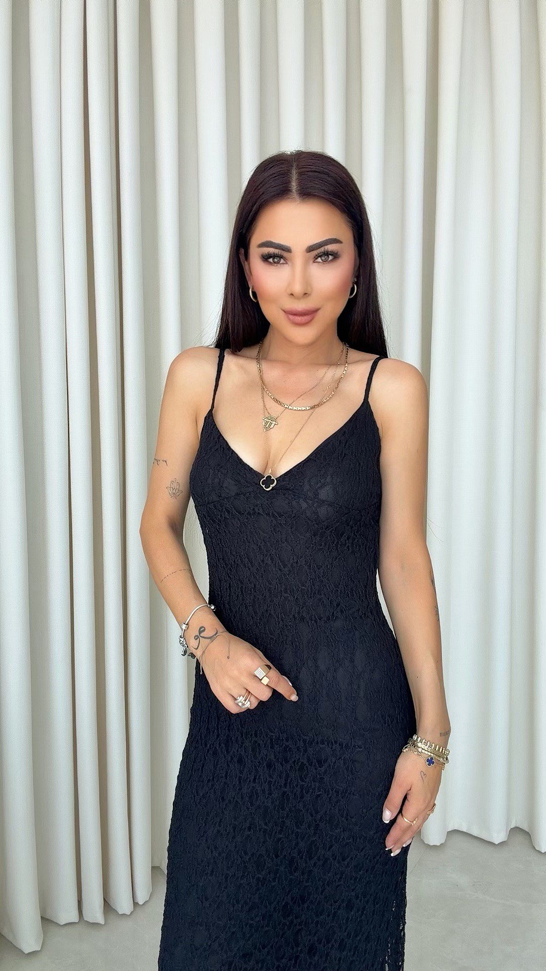 Gume Kadın İp Askılı Siyah Uzun Dantel Elbise