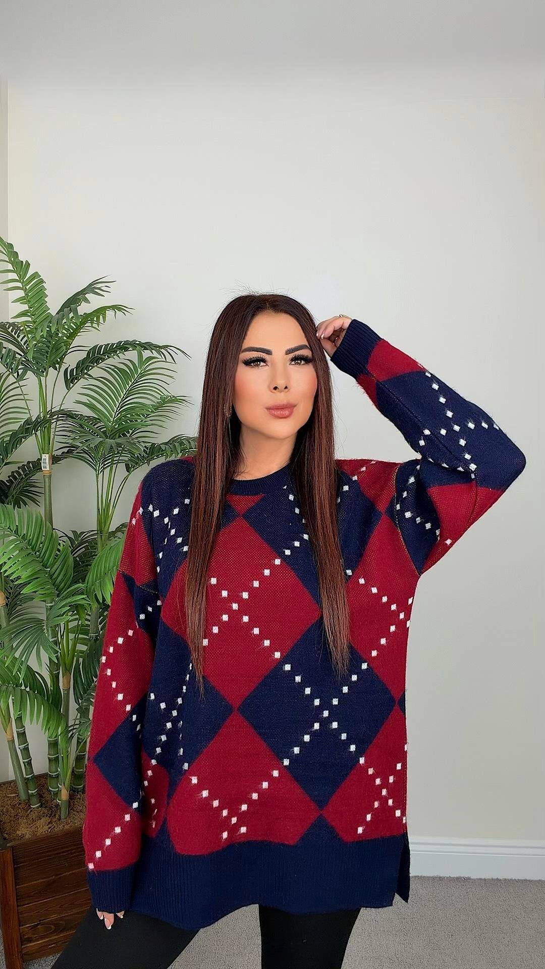 Gusha Kadın Baklava Desenli Bordo Lacivert Triko Kazak