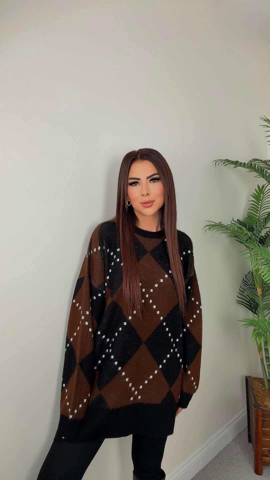 Gusha Kadın Baklava Desenli Kahverengi Siyah Triko Kazak