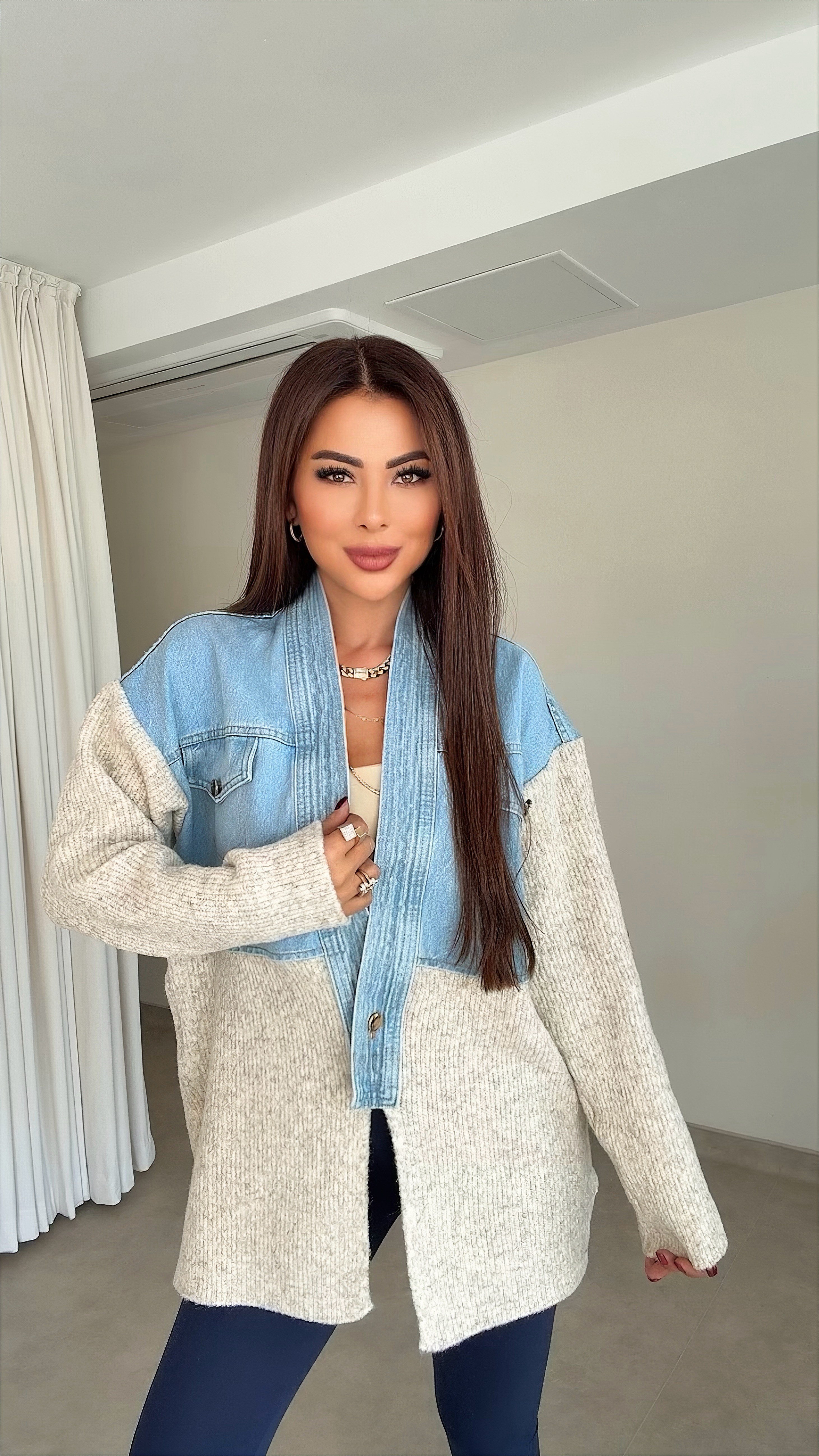 Haolu Kadın Triko Detaylı Jean Hırka