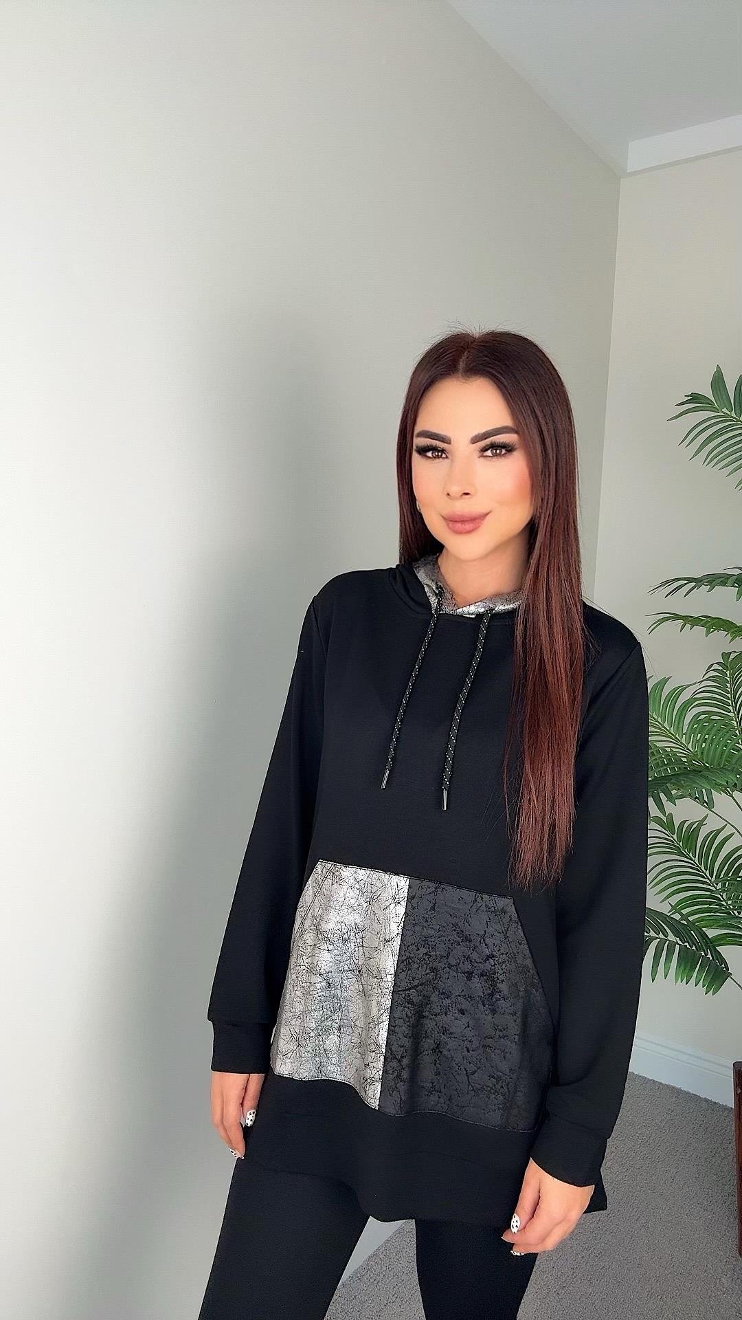 Hell Kadın Kapüşonlu Siyah Kanguru Cepli Sweat