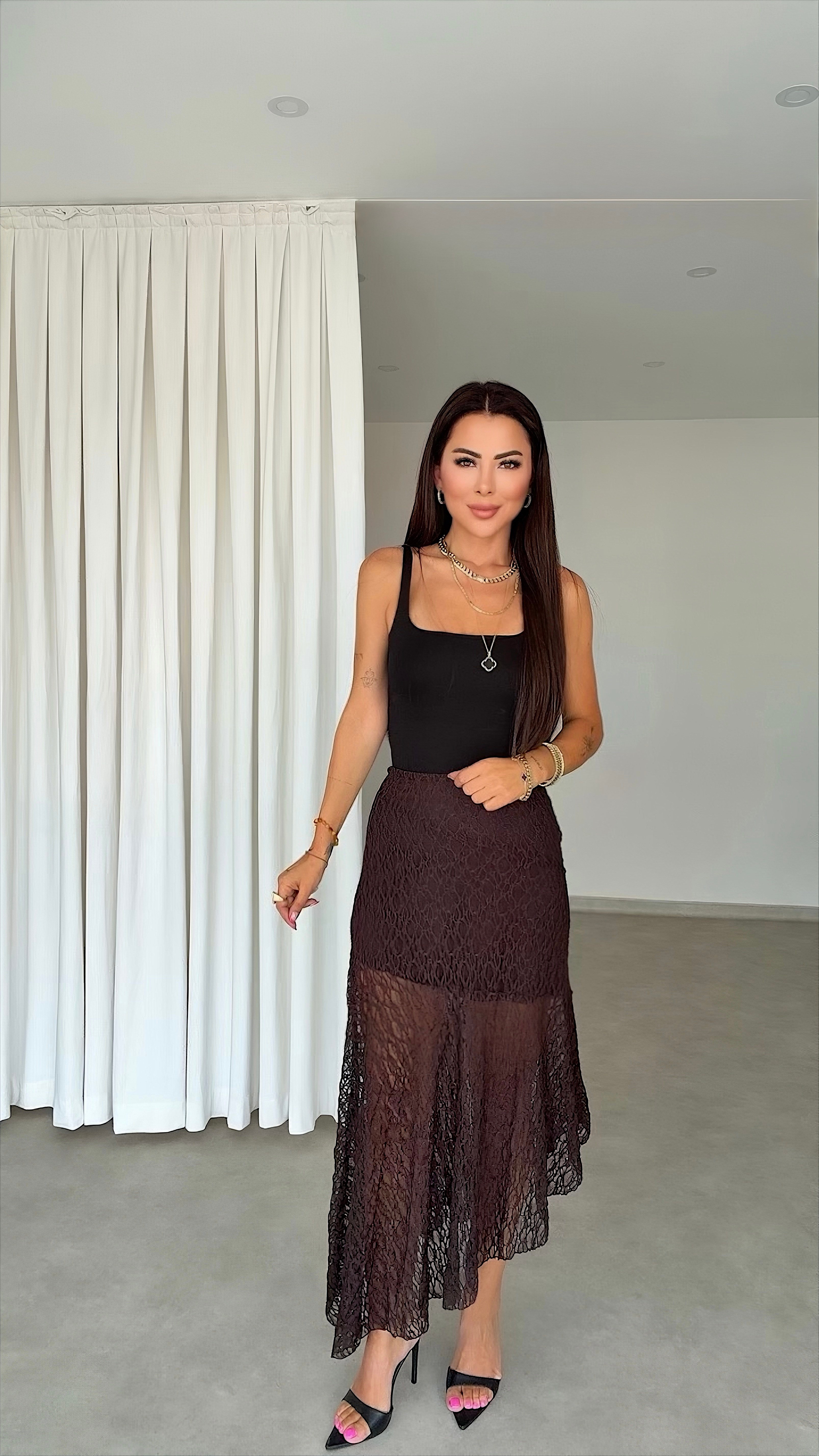 İnos Kadın Dantelli Asimetrik Kahverengi Etek