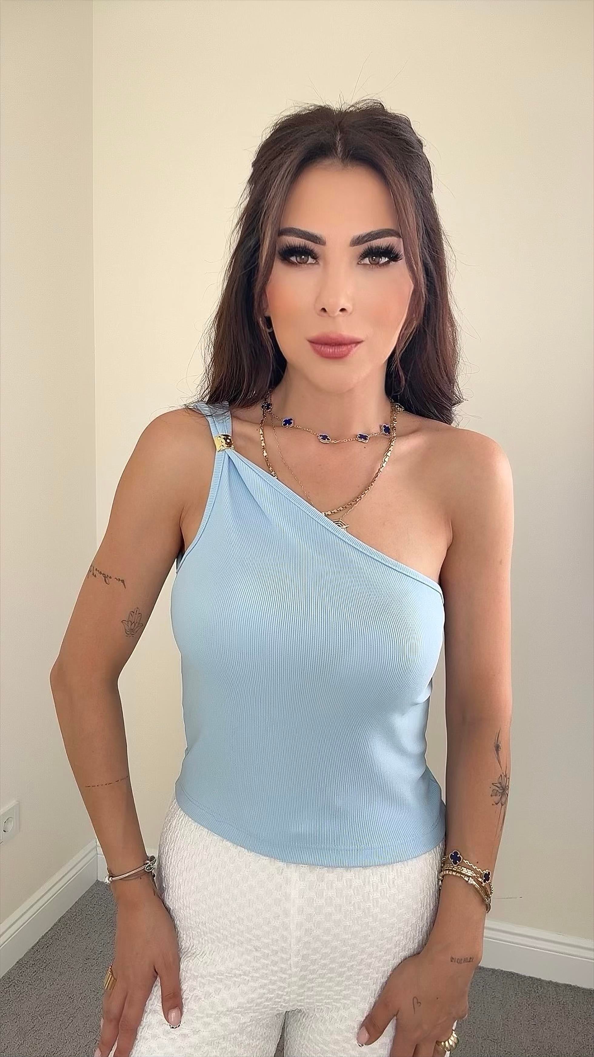 Jenny Kadın Tek Omuz Detaylı Mavi Bluz