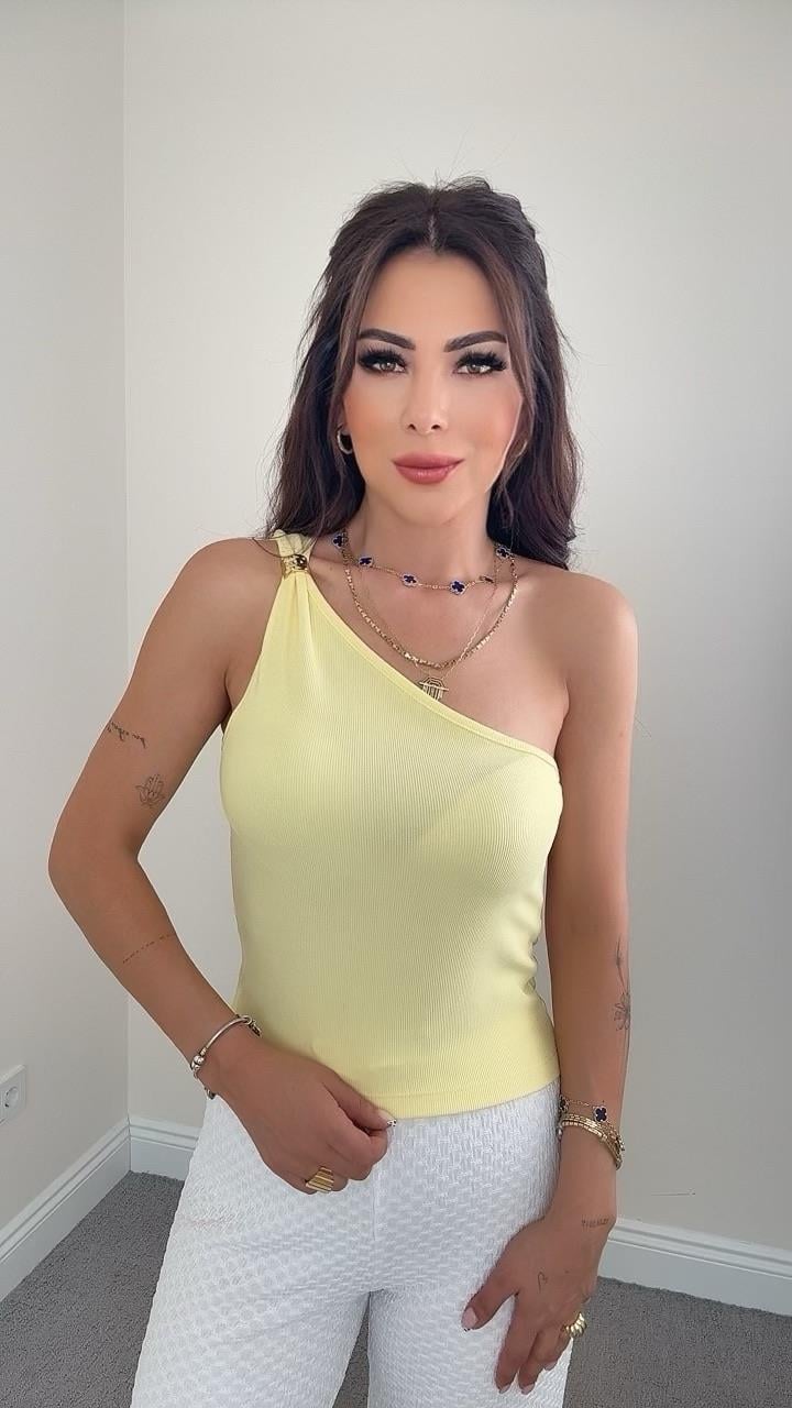 Jenny Kadın Tek Omuz Detaylı Sarı  Bluz