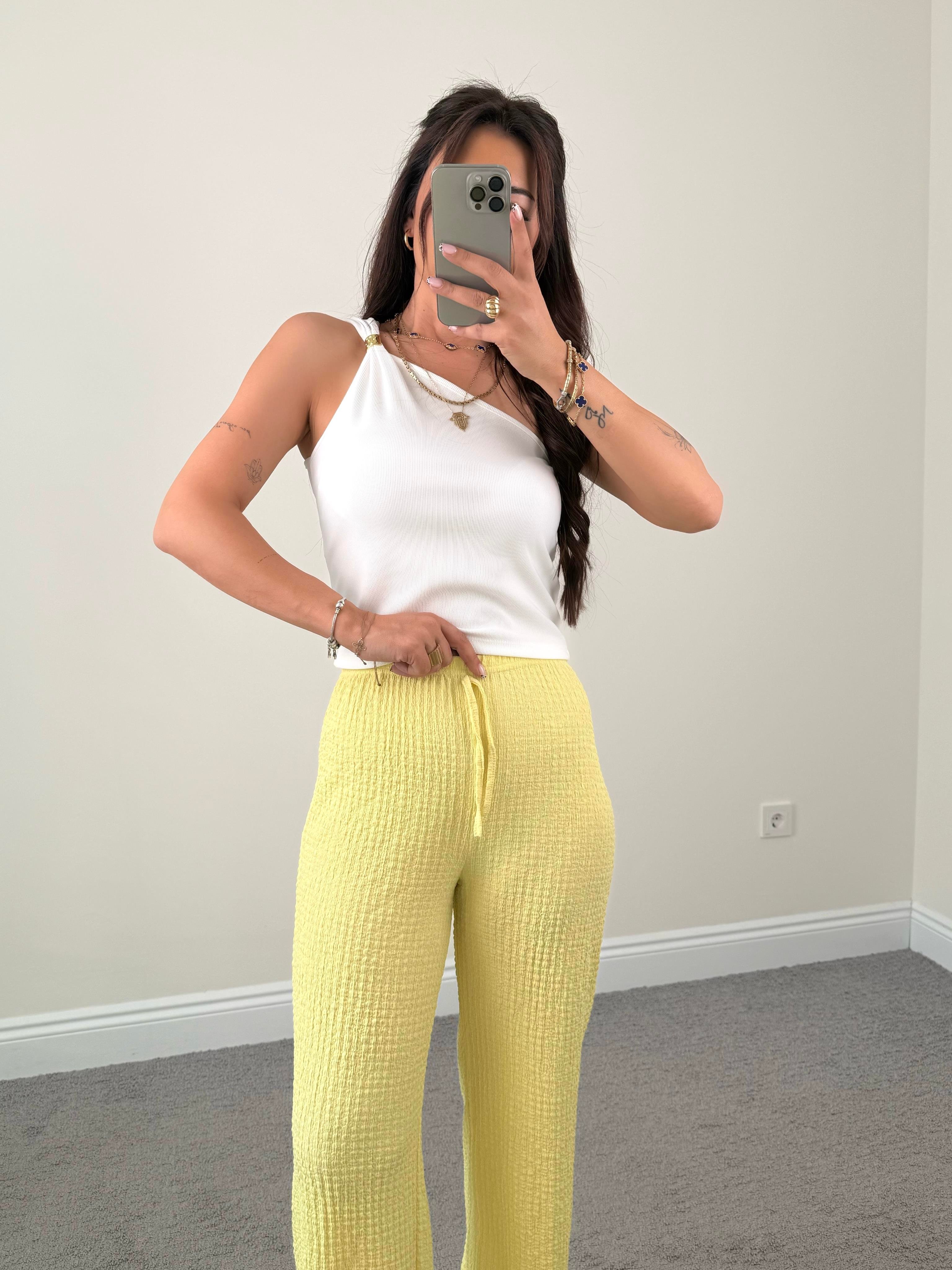 Jisoo Kadın Yüksek Bel Bubble Sarı Pantolon 