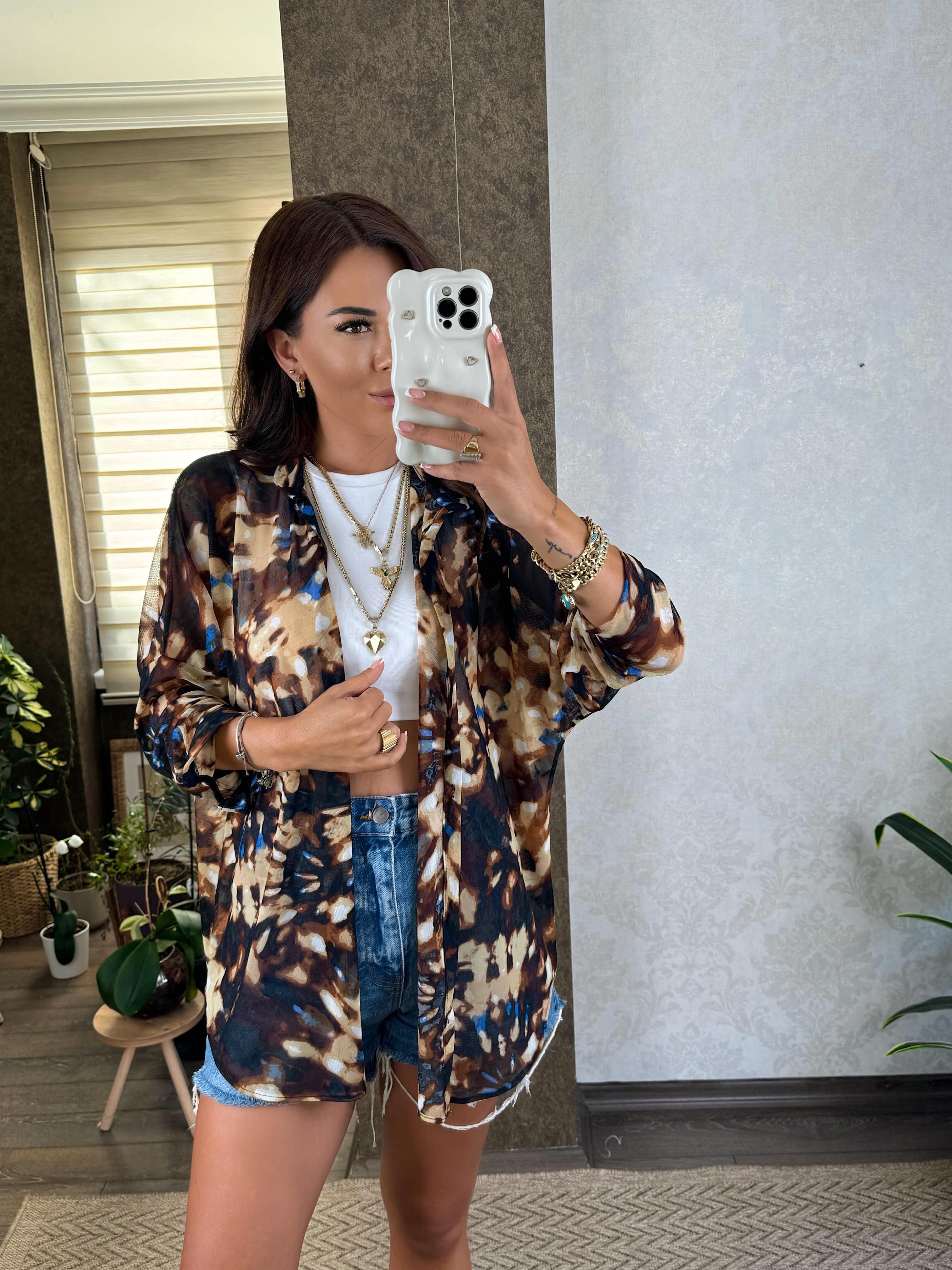 Kahve - Mavi Desenli Oversize Tül Gömlek 