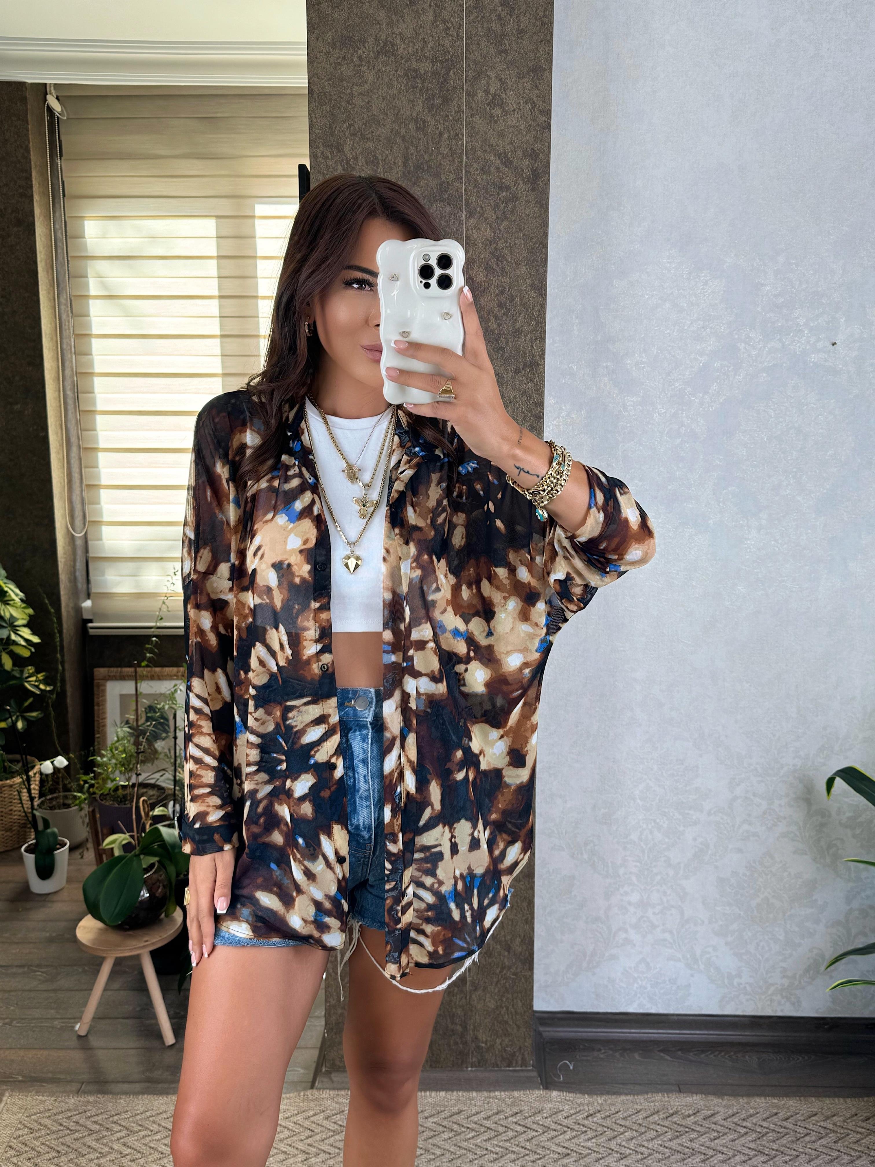 Kahve - Mavi Desenli Oversize Tül Gömlek 