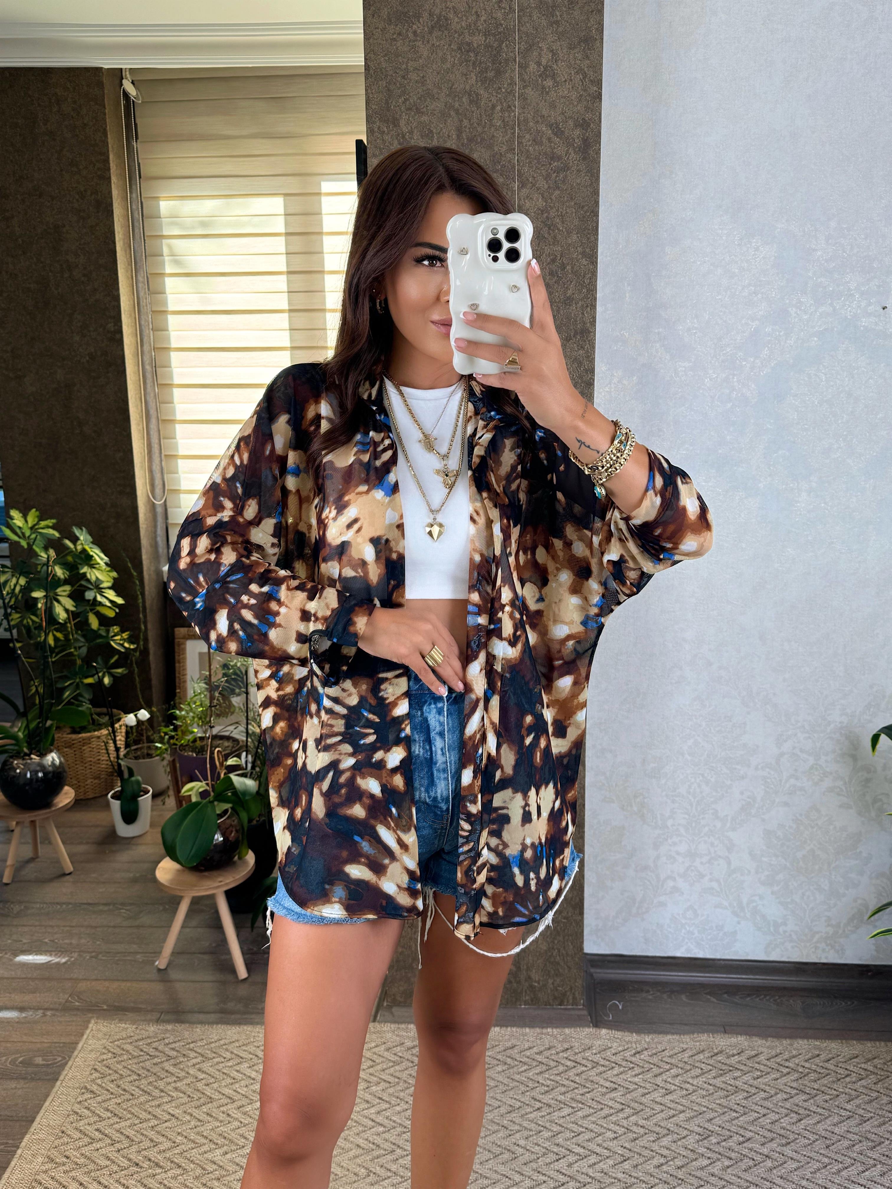 Kahve - Mavi Desenli Oversize Tül Gömlek 
