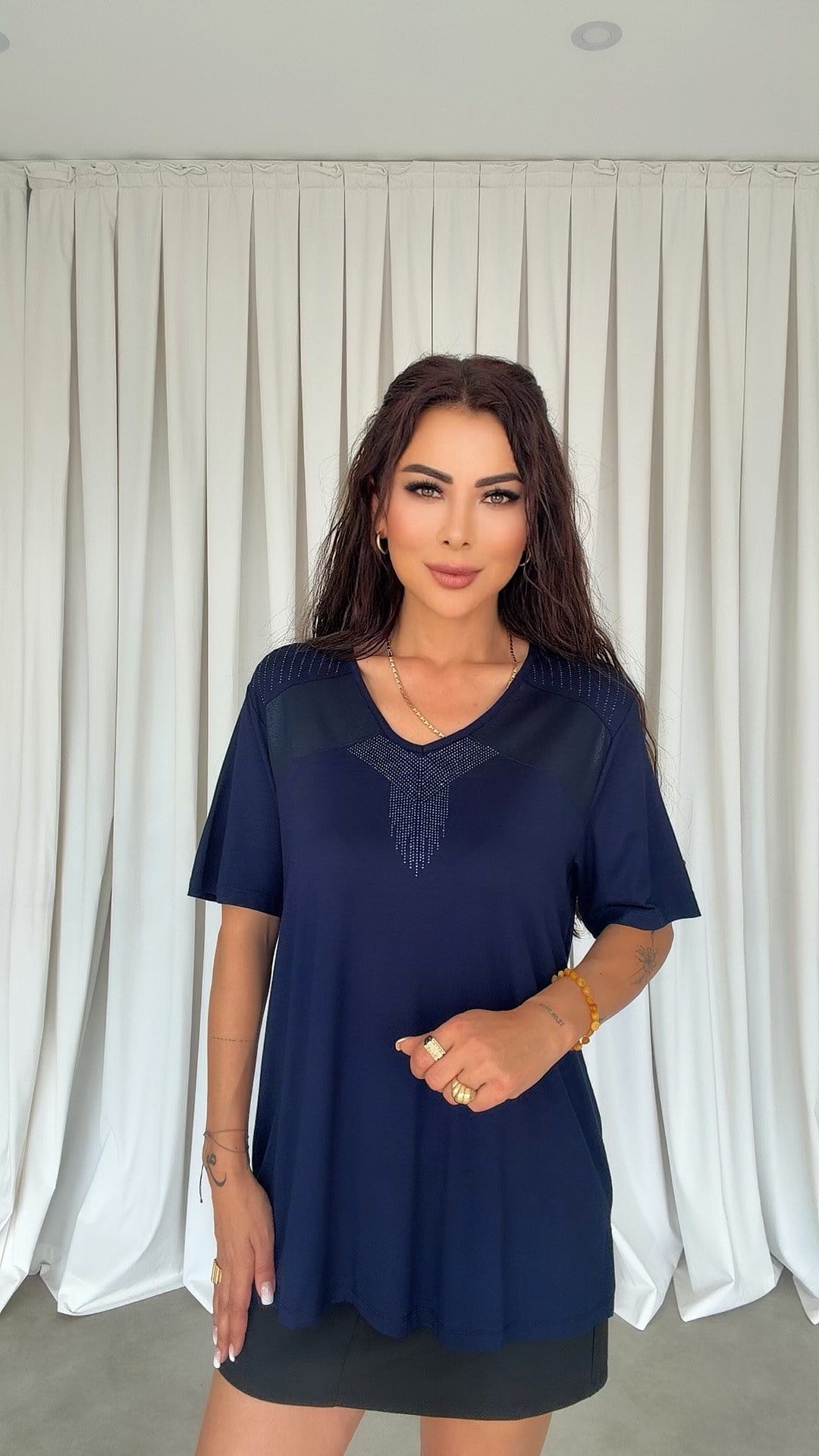 Kaisa Kadın Yaka Taş Detaylı Lacivert Bluz