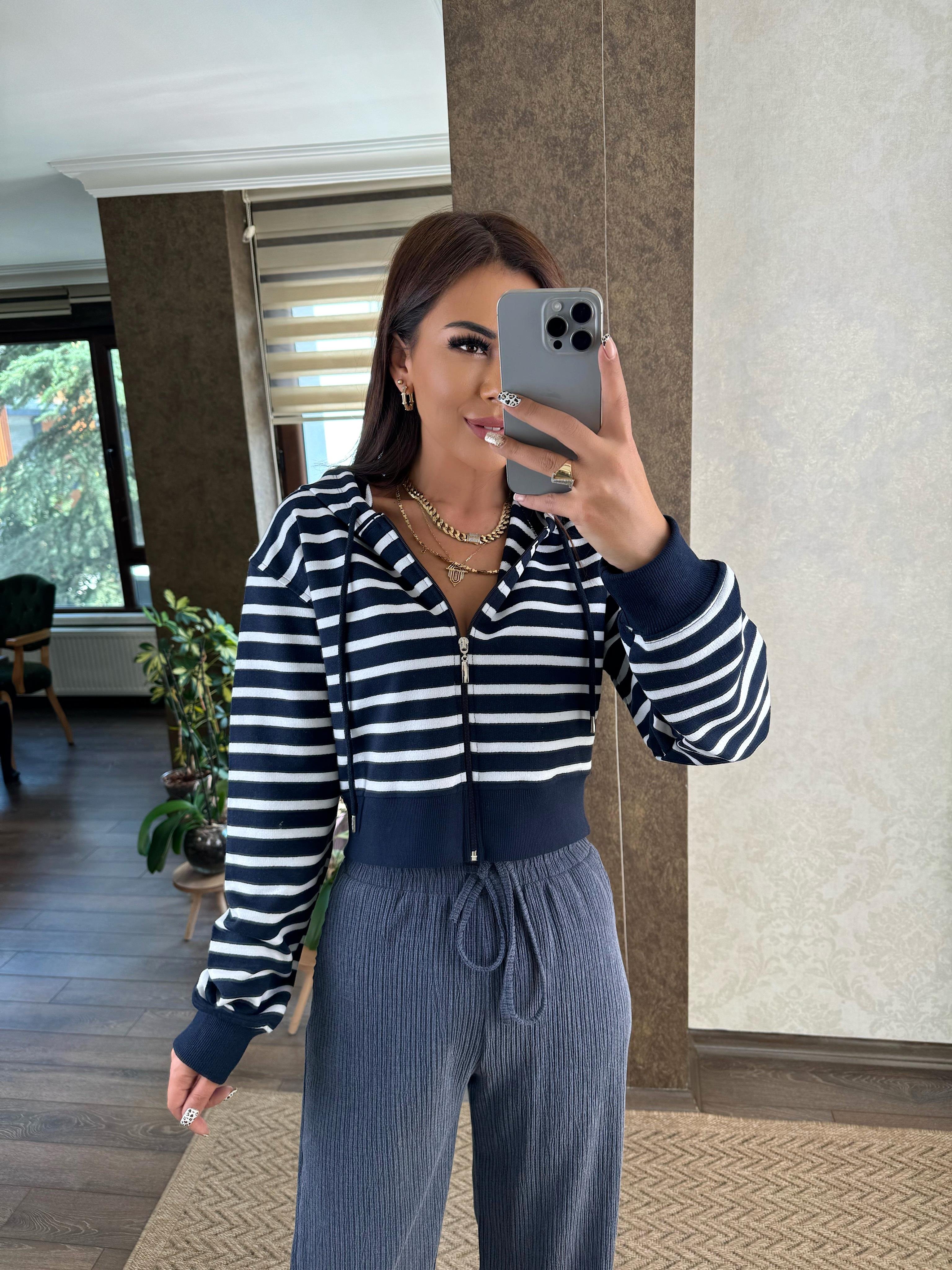 Kapüşonlu Fermuarlı Çizgili Lacivert Sweat