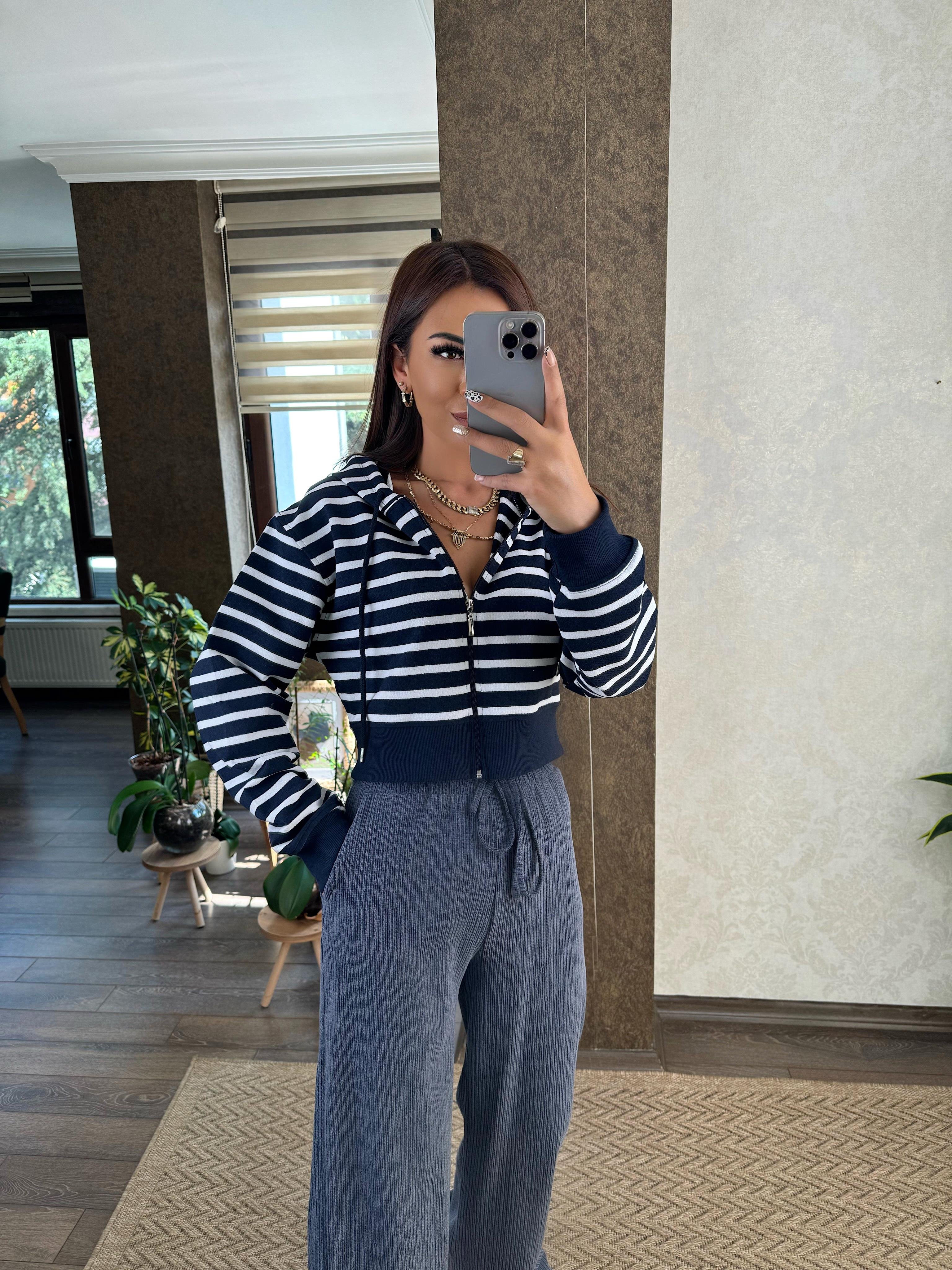 Kapüşonlu Fermuarlı Çizgili Lacivert Sweat