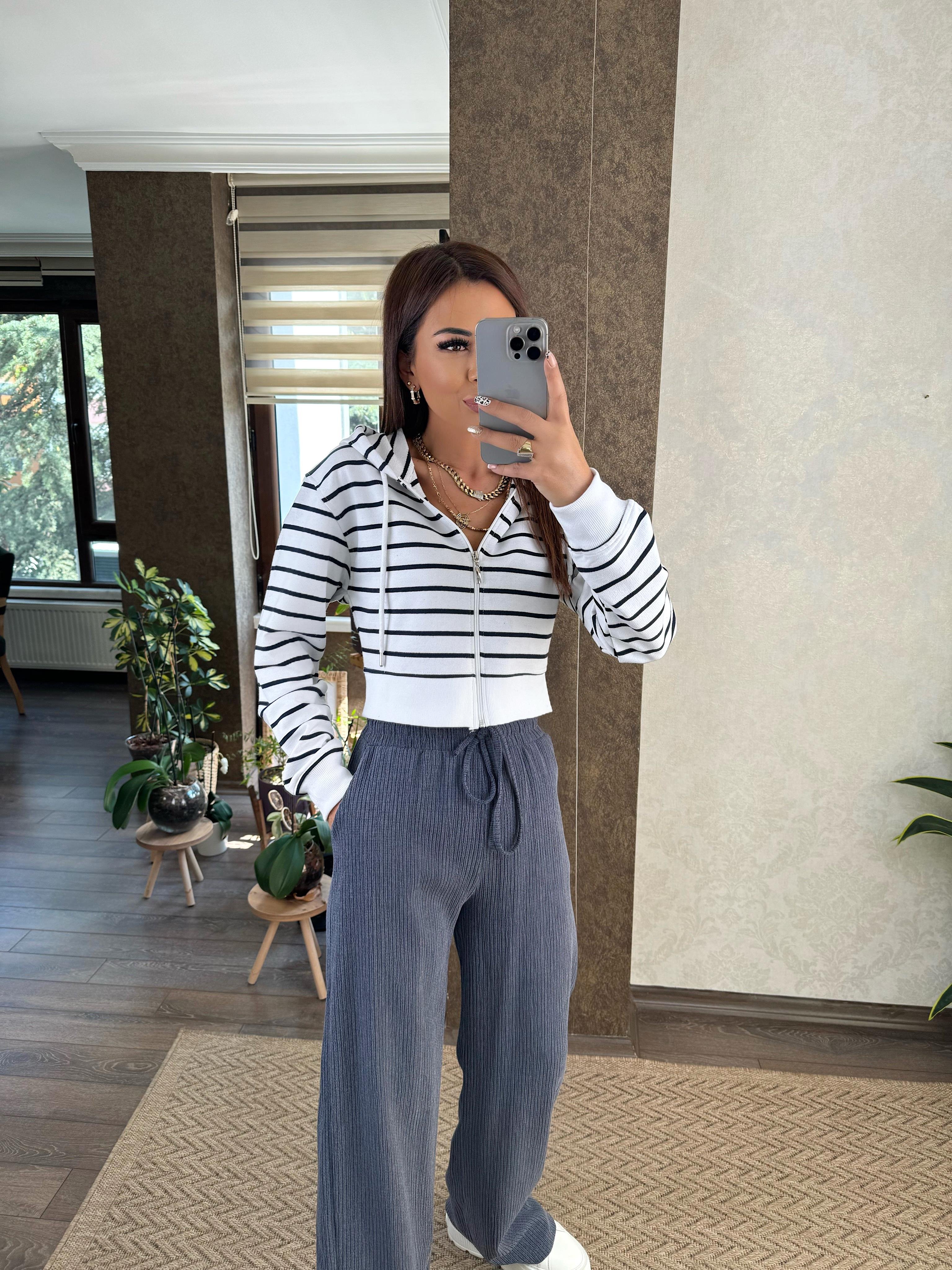 Kapüşonlu Fermuarlı Çizgili Sweat