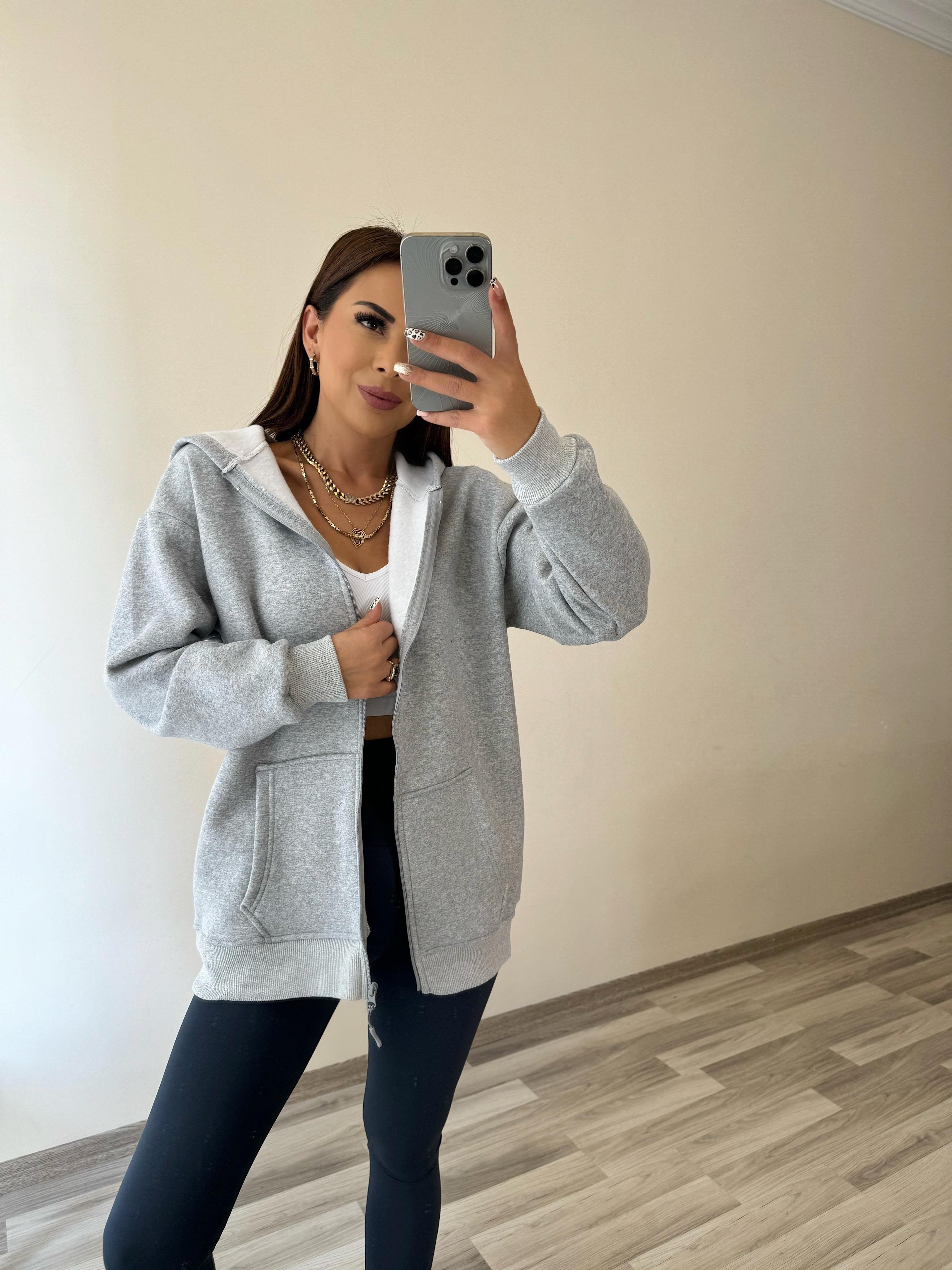 Kapüşonlu Fermuarlı Gri Sweat