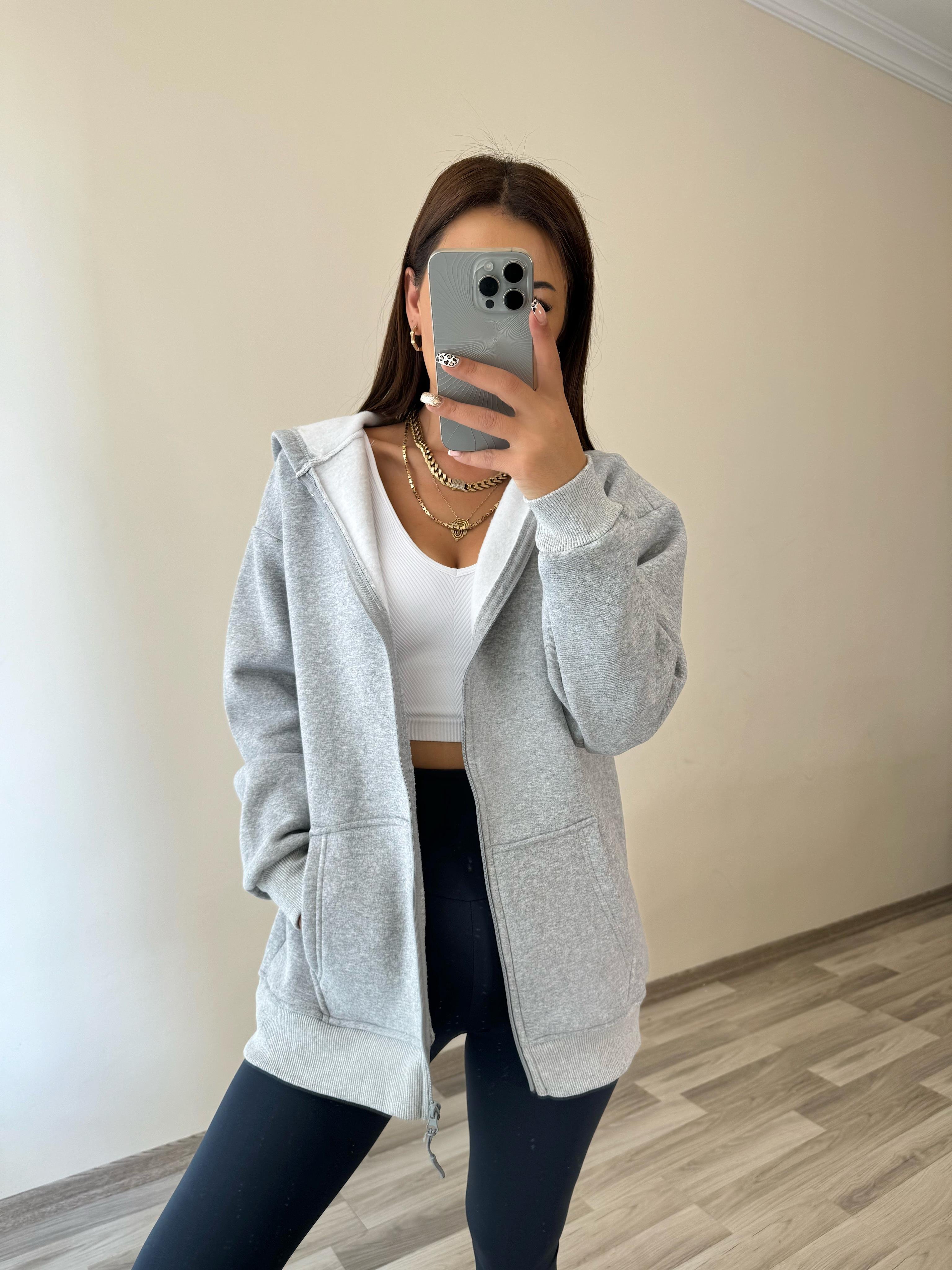 Kapüşonlu Fermuarlı Gri Sweat