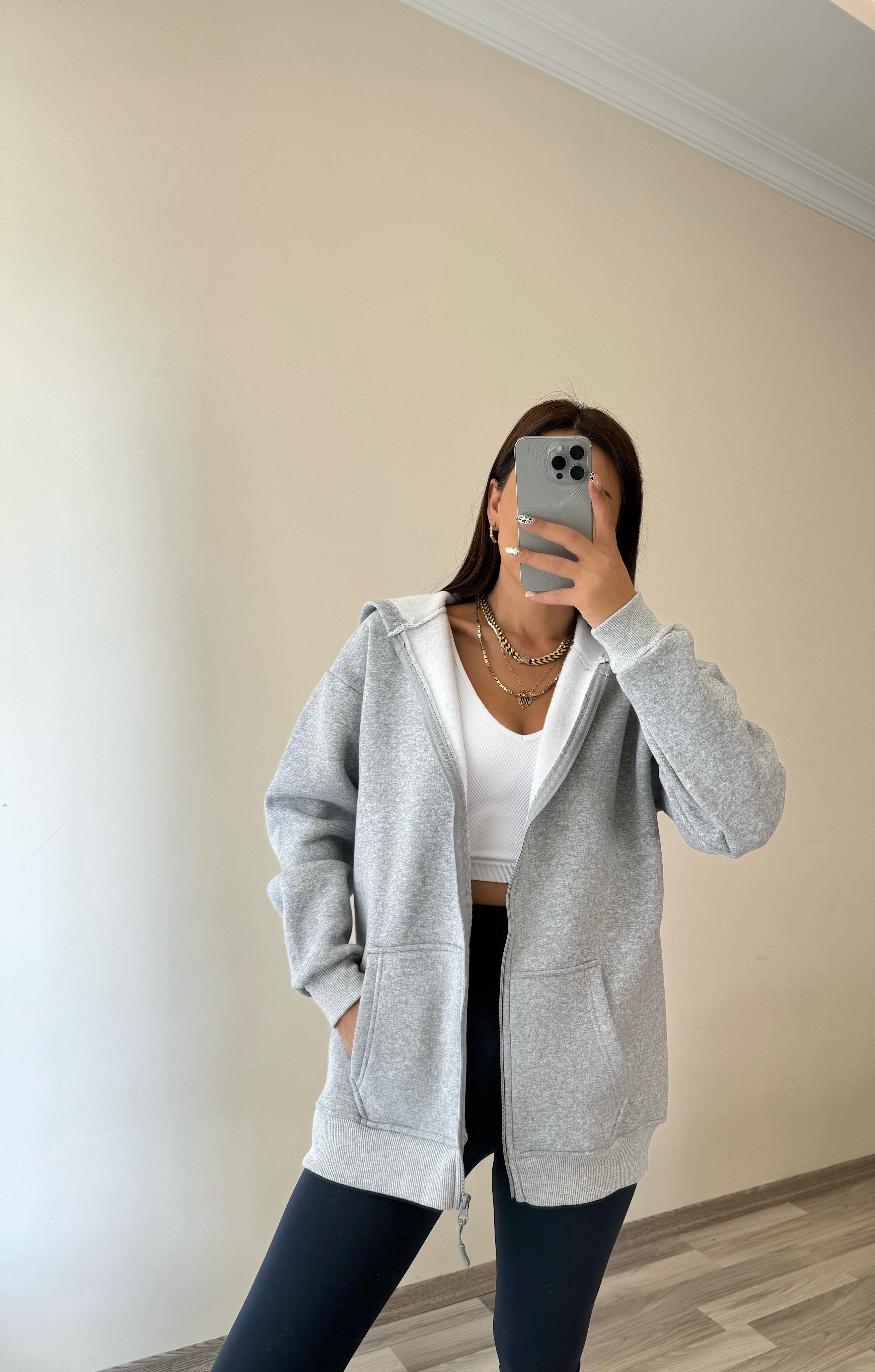 Kapüşonlu Fermuarlı Gri Sweat