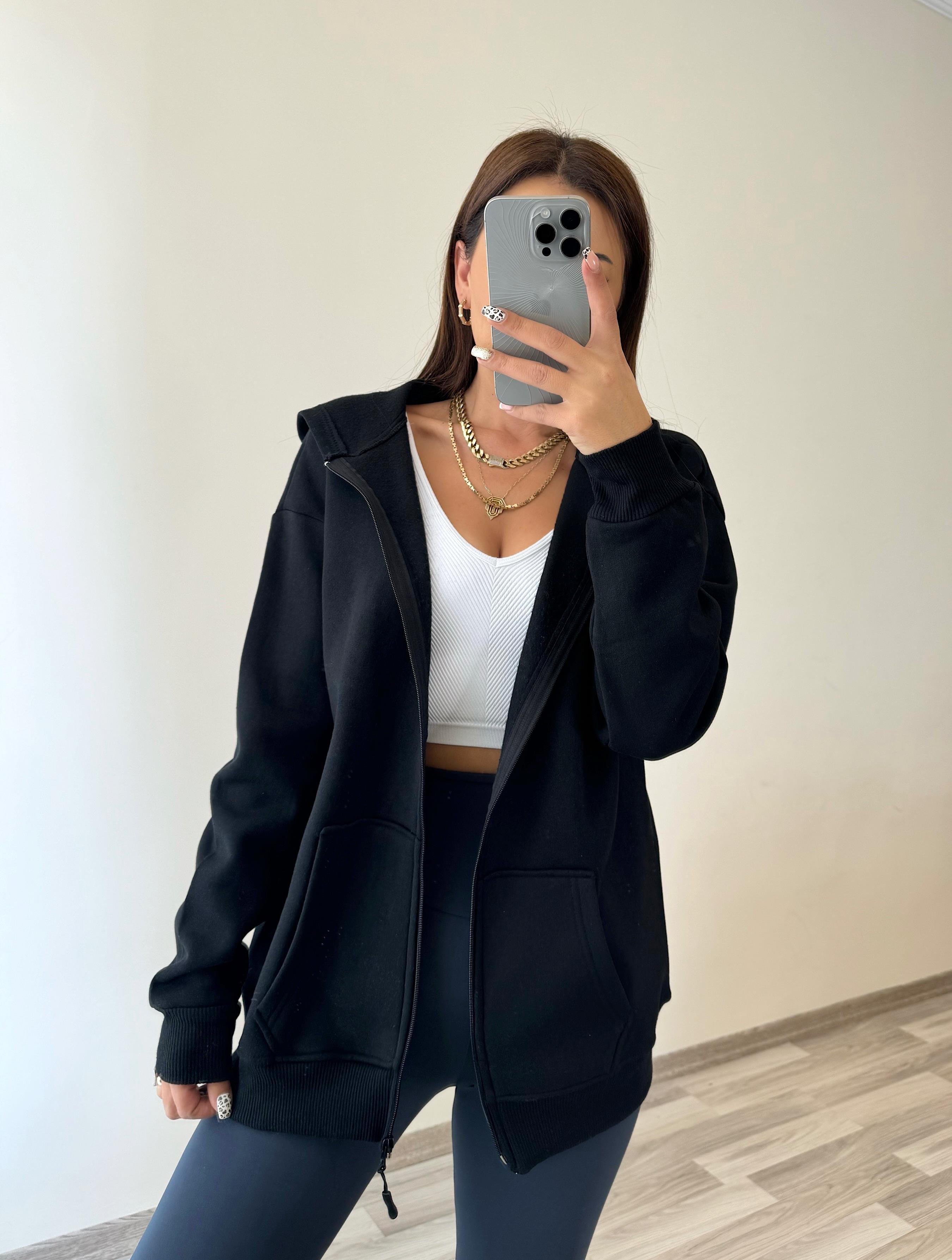 Kapüşonlu Fermuarlı Siyah Sweat