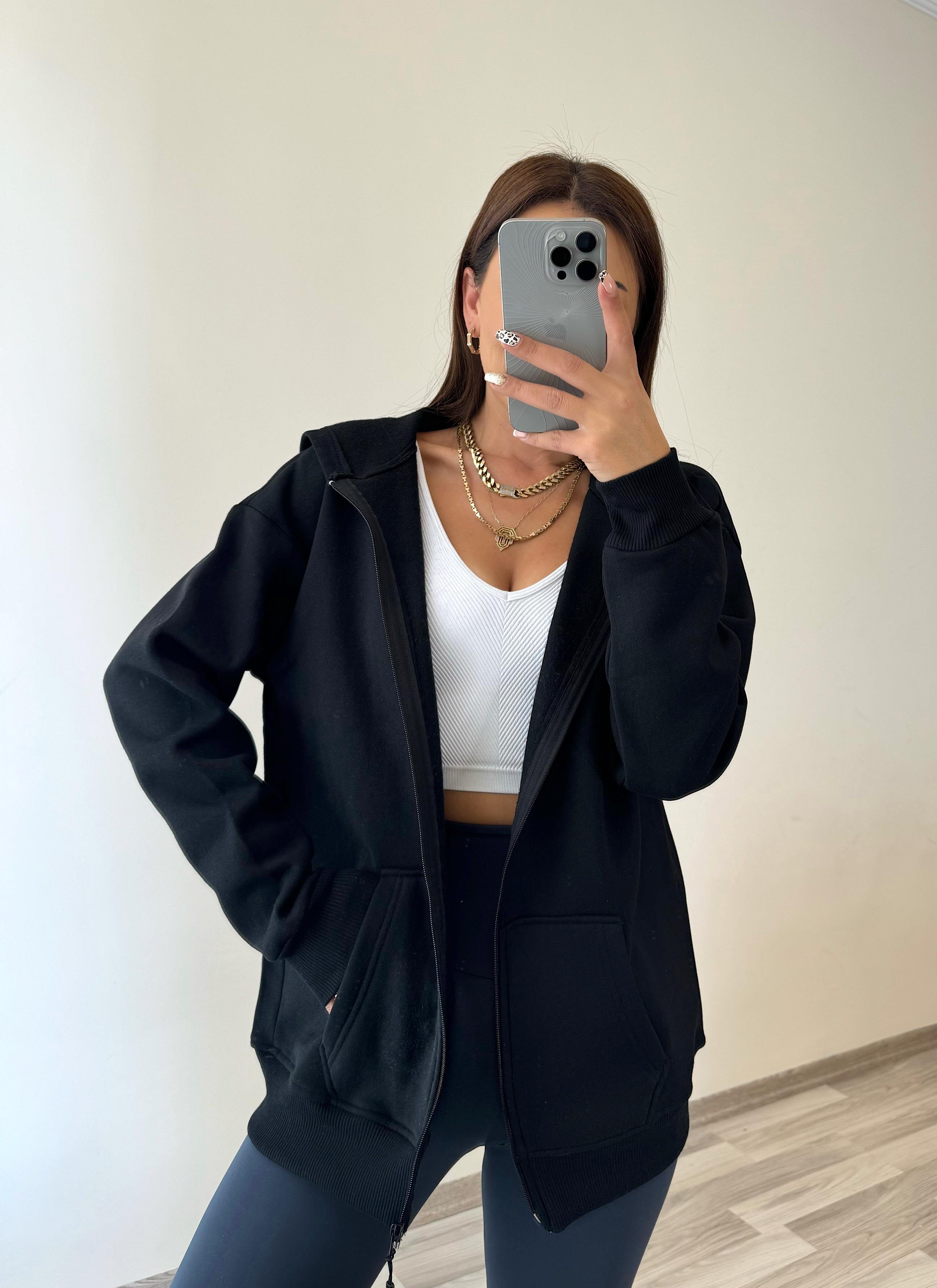 Kapüşonlu Fermuarlı Siyah Sweat