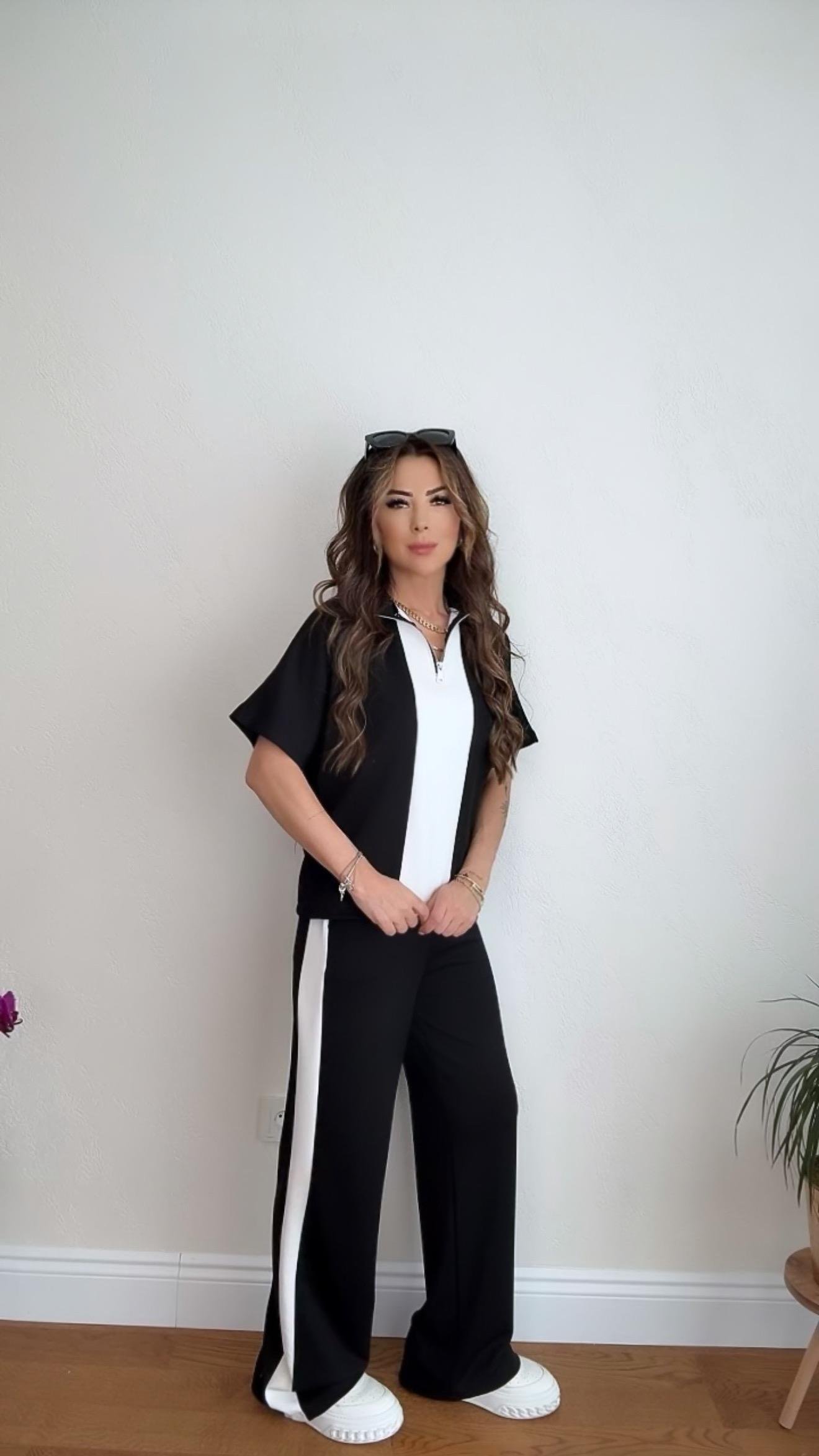 Karan Kadın Siyah Beyaz Detaylı Yakası Fermuarlı İkili Takım