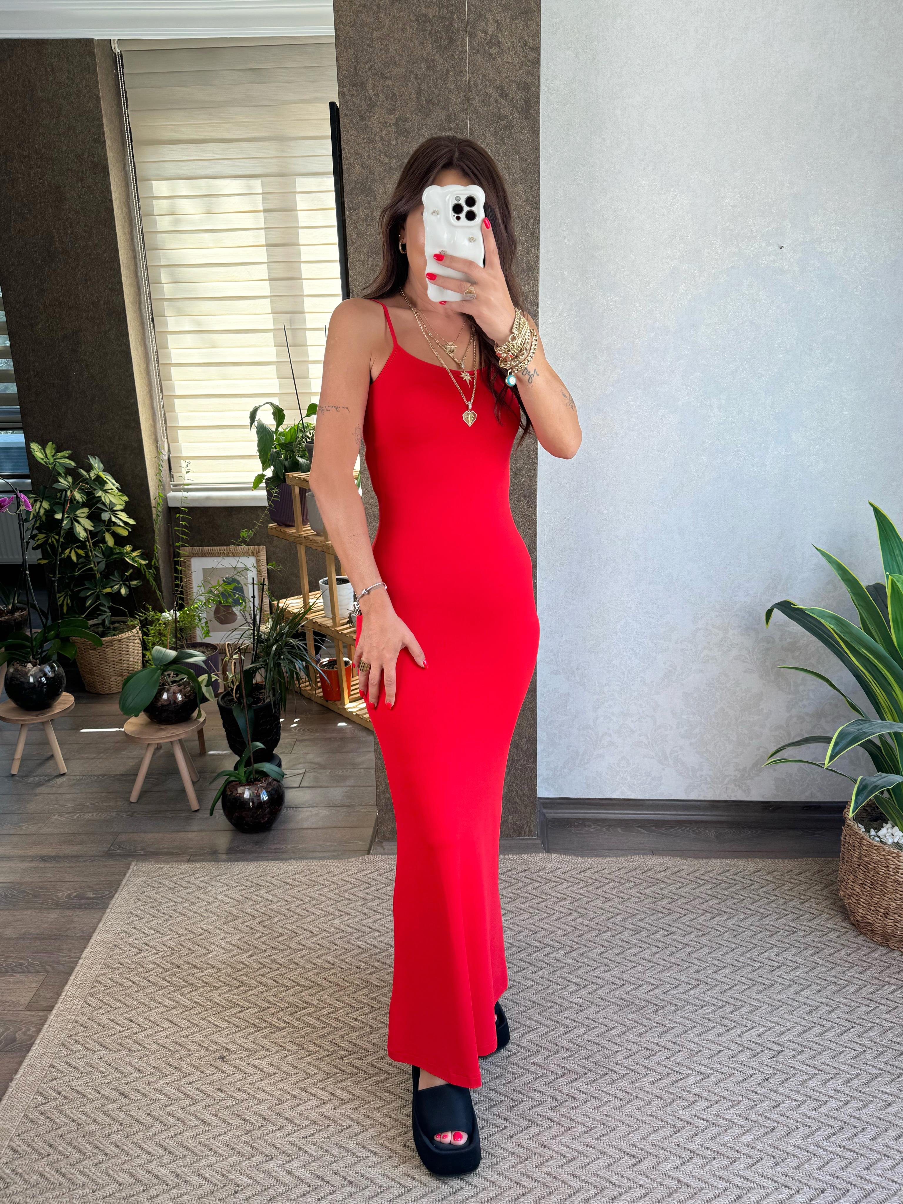 Kensan Kadın Kırmızı Askılı Maxi Boy Elbise