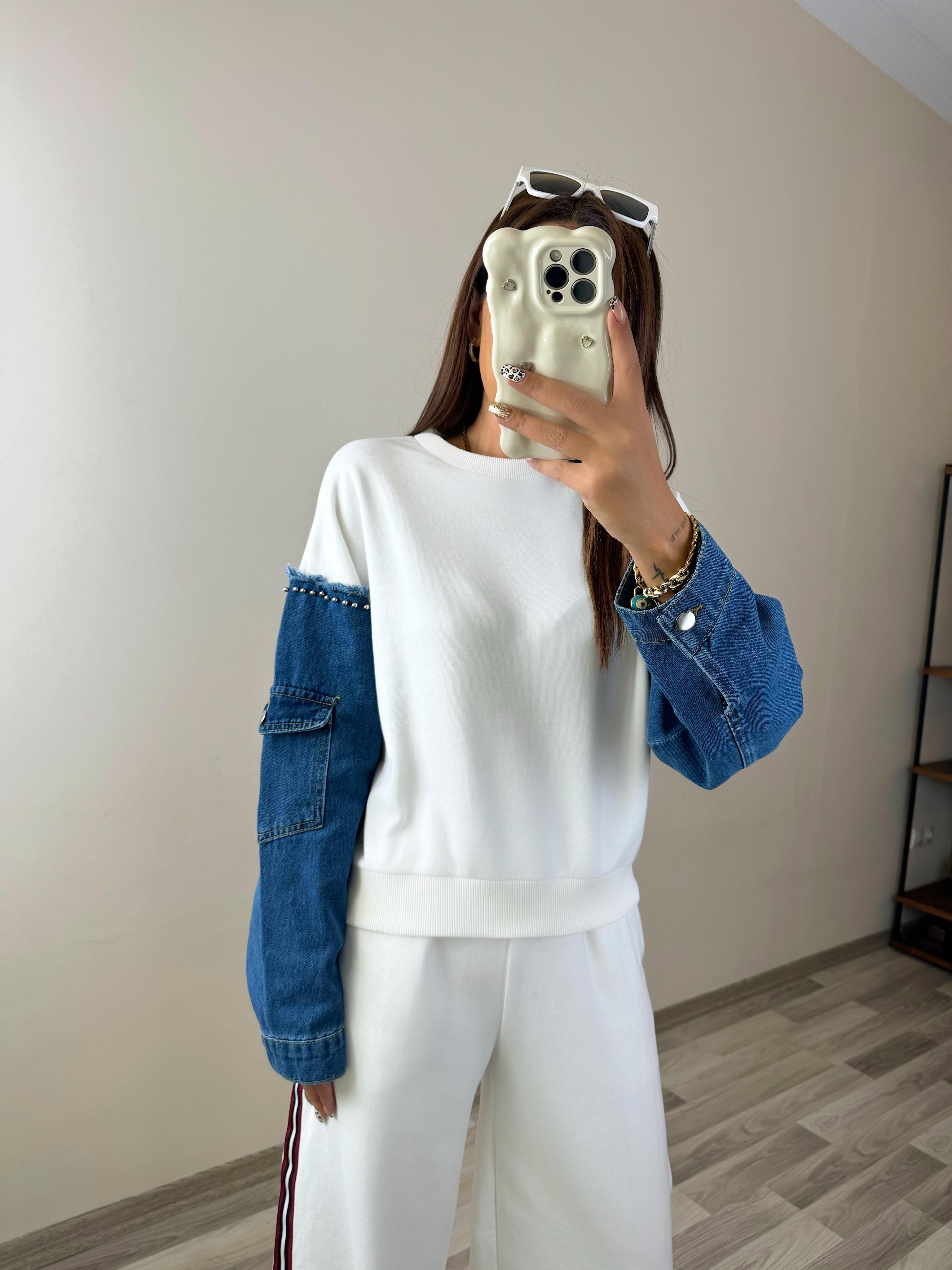 Kol Jean Detay Geçişli Beyaz Sweat