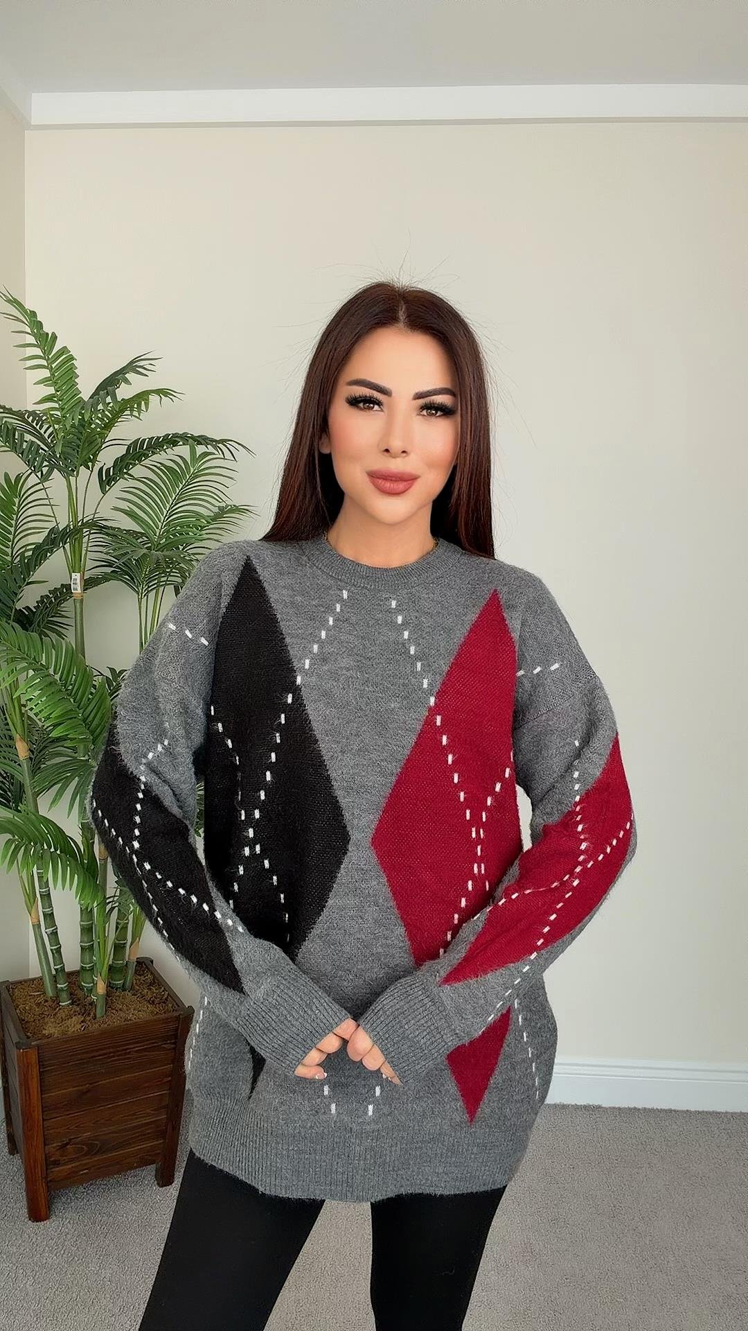 Kote Kadın Baklava Desenli Gri Bordo Siyah Triko Kazak