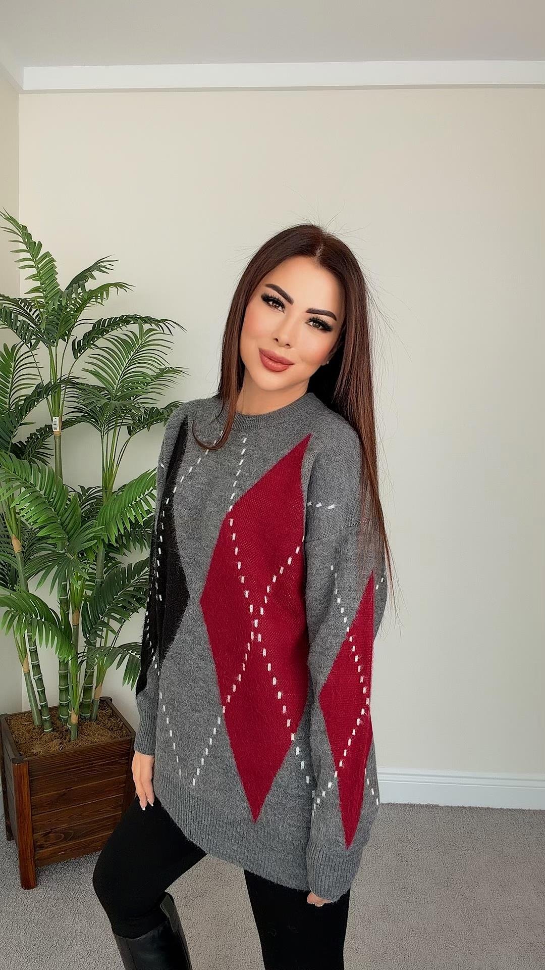 Kote Kadın Baklava Desenli Gri Bordo Siyah Triko Kazak