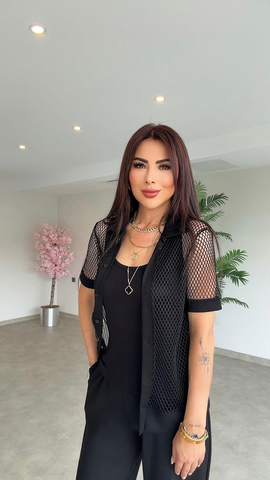 Kuse Kadın File Ceketli Üçlü Siyah Takım