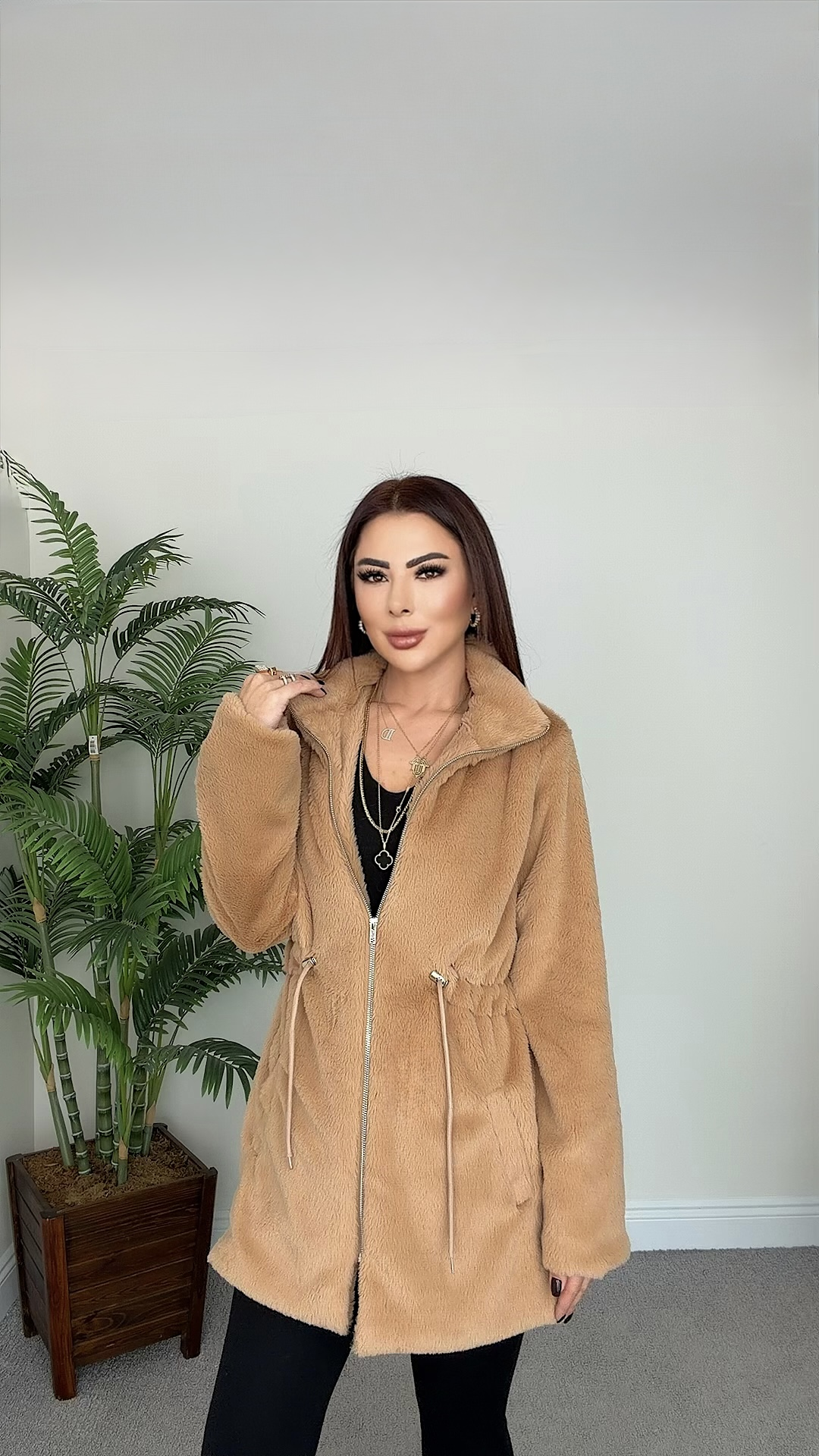 Laze Kadın Fermuarlı Taba Peluş Mont