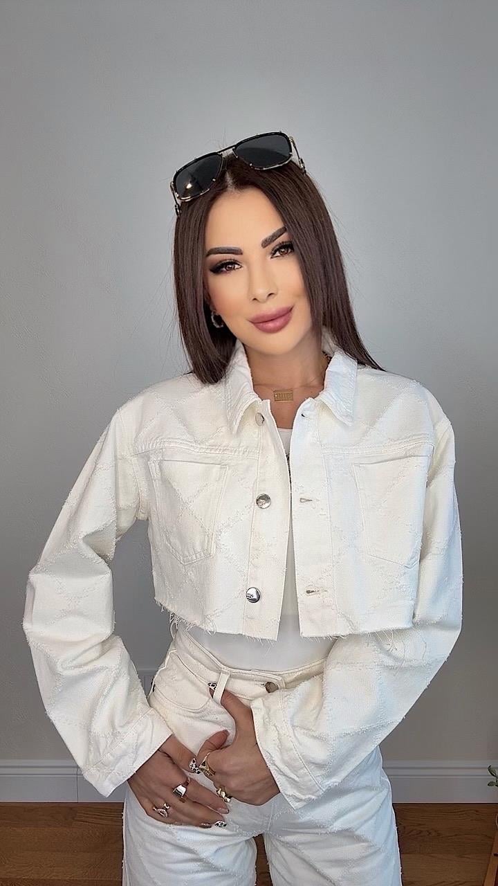 Leis Kadın Crop Dokulu Ekru Jean Ceket