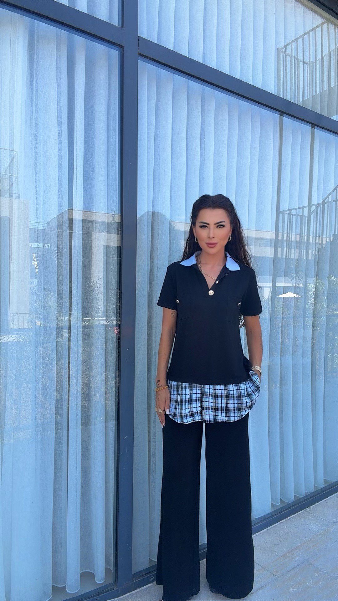 Lenta Kadın Ekose Detaylı Mavi Polo Yaka Detaylı Takım