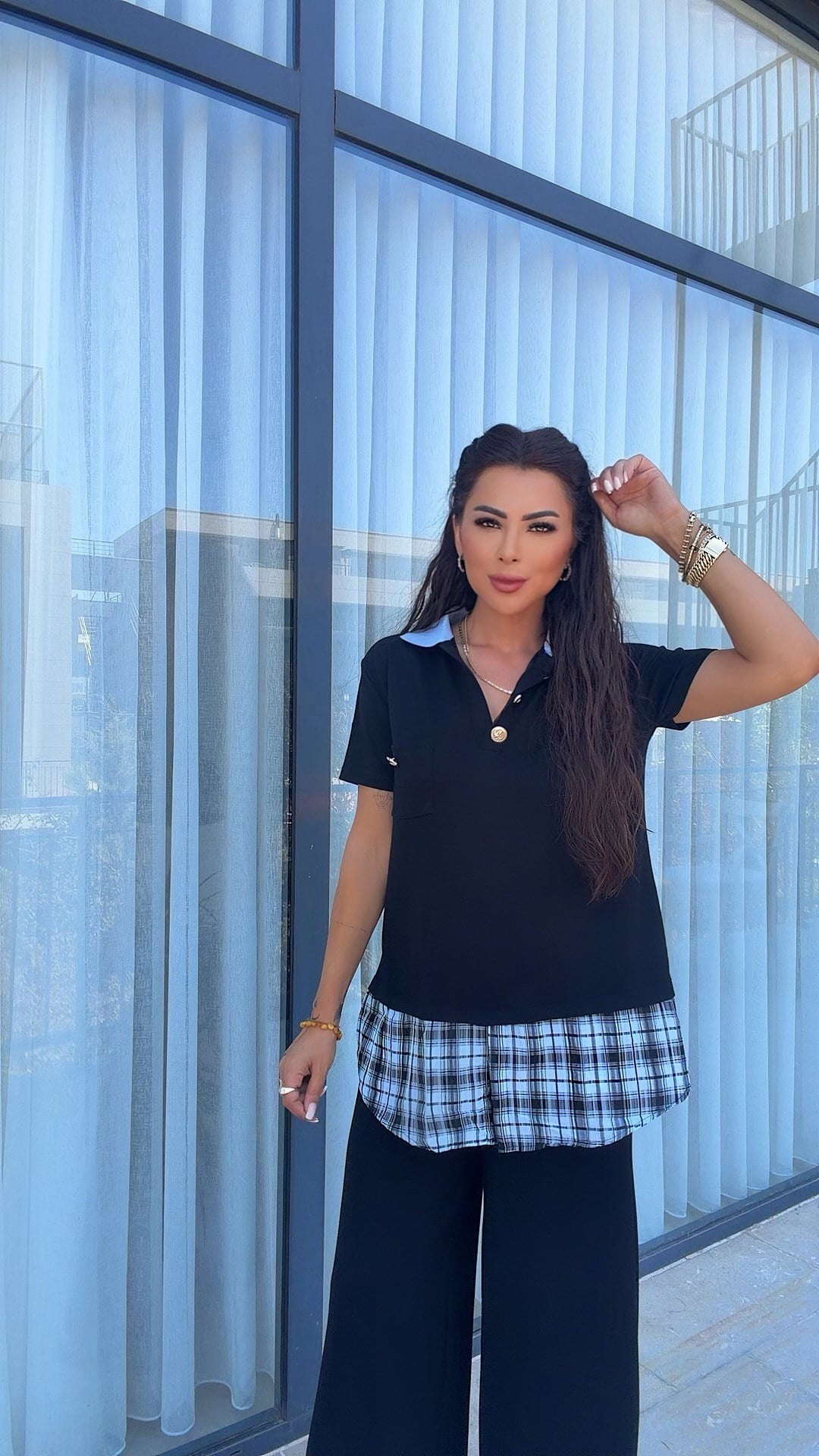 Lenta Kadın Ekose Detaylı Mavi Polo Yaka Detaylı Takım