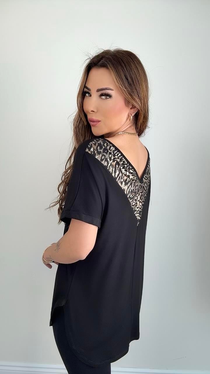 Leore Kadın Sırt Deri Detaylı Siyah Bluz