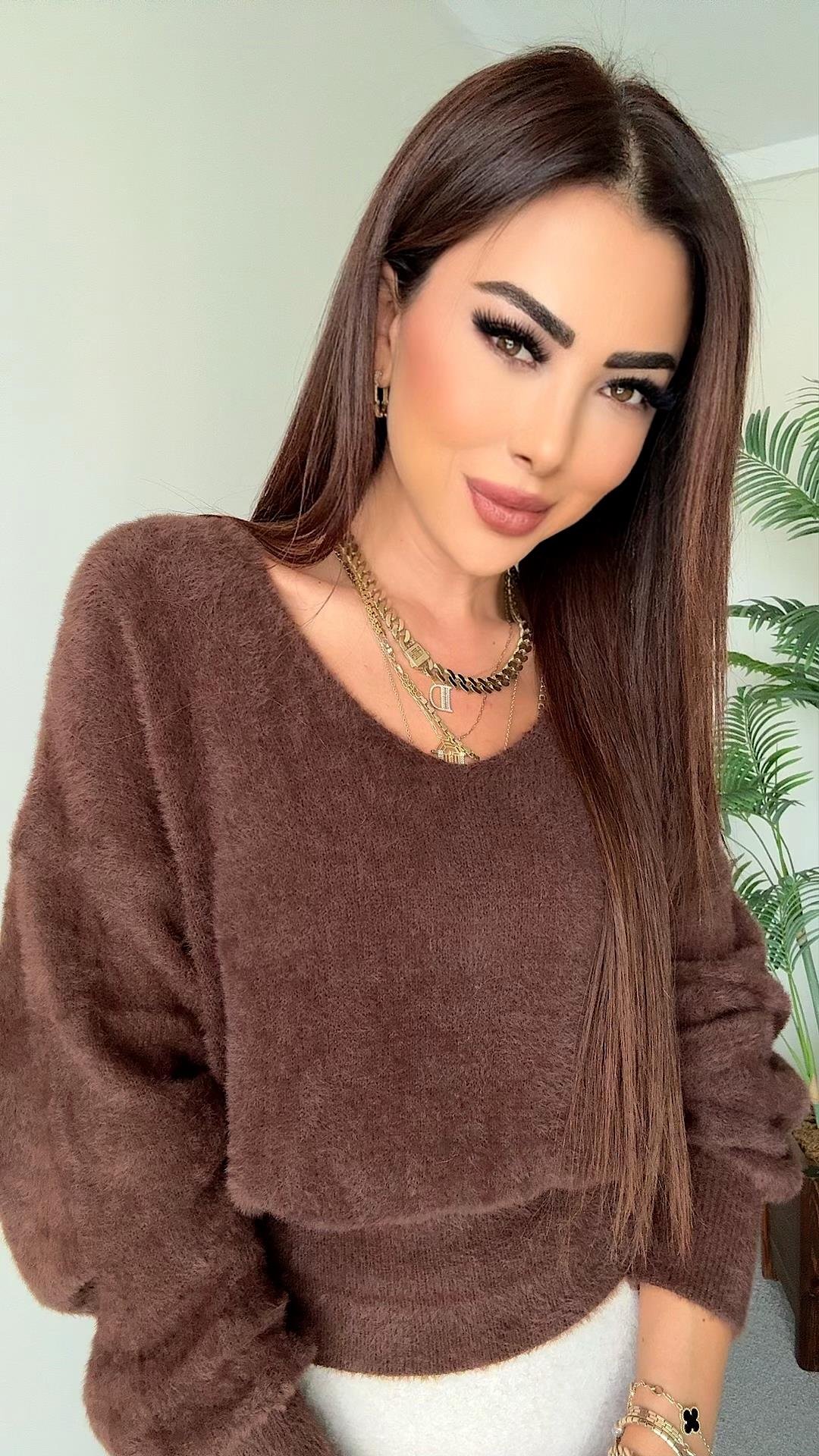 Limms Kadın Yumoş Doku Kahverengi V Yaka Triko