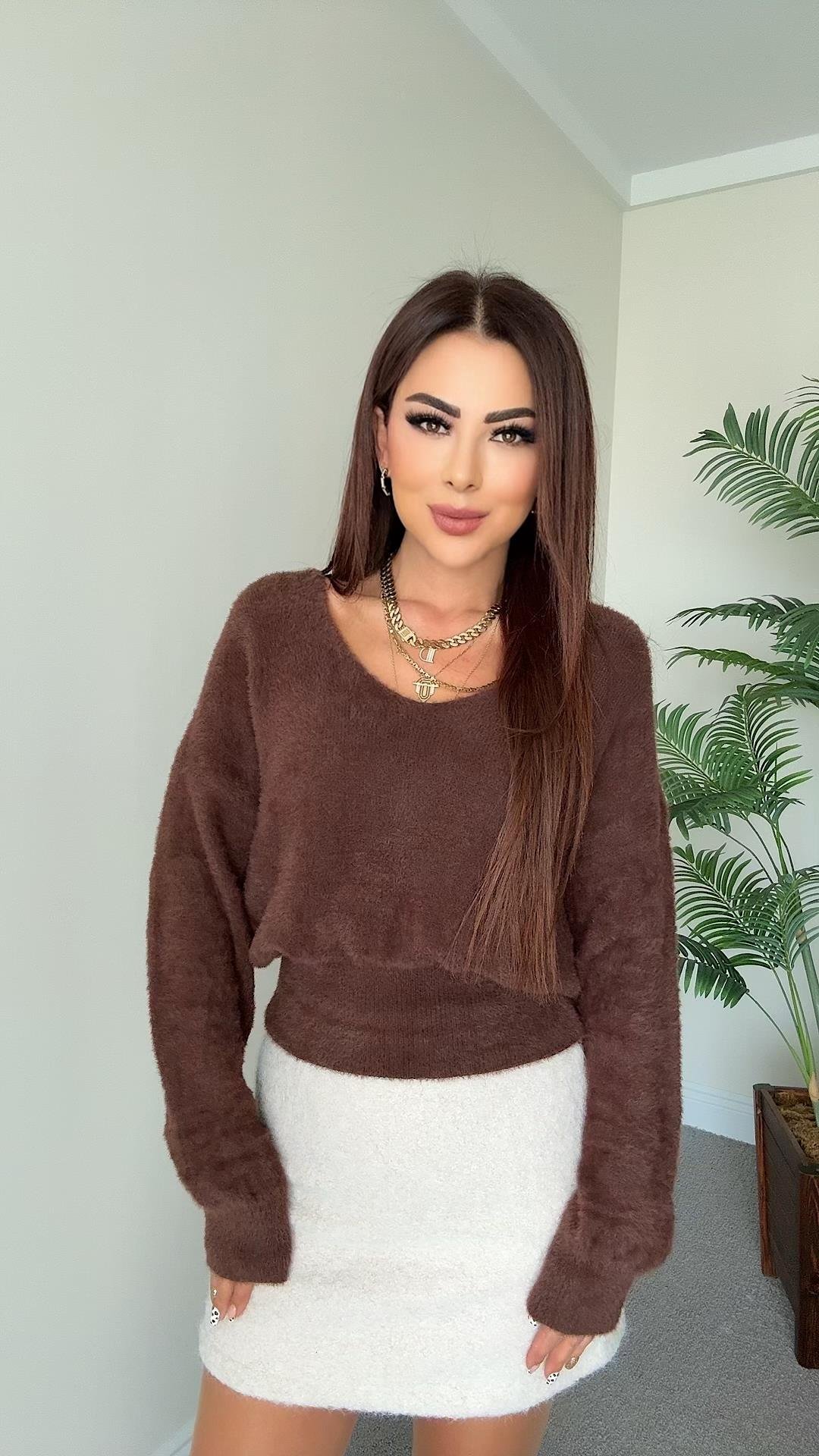 Limms Kadın Yumoş Doku Kahverengi V Yaka Triko