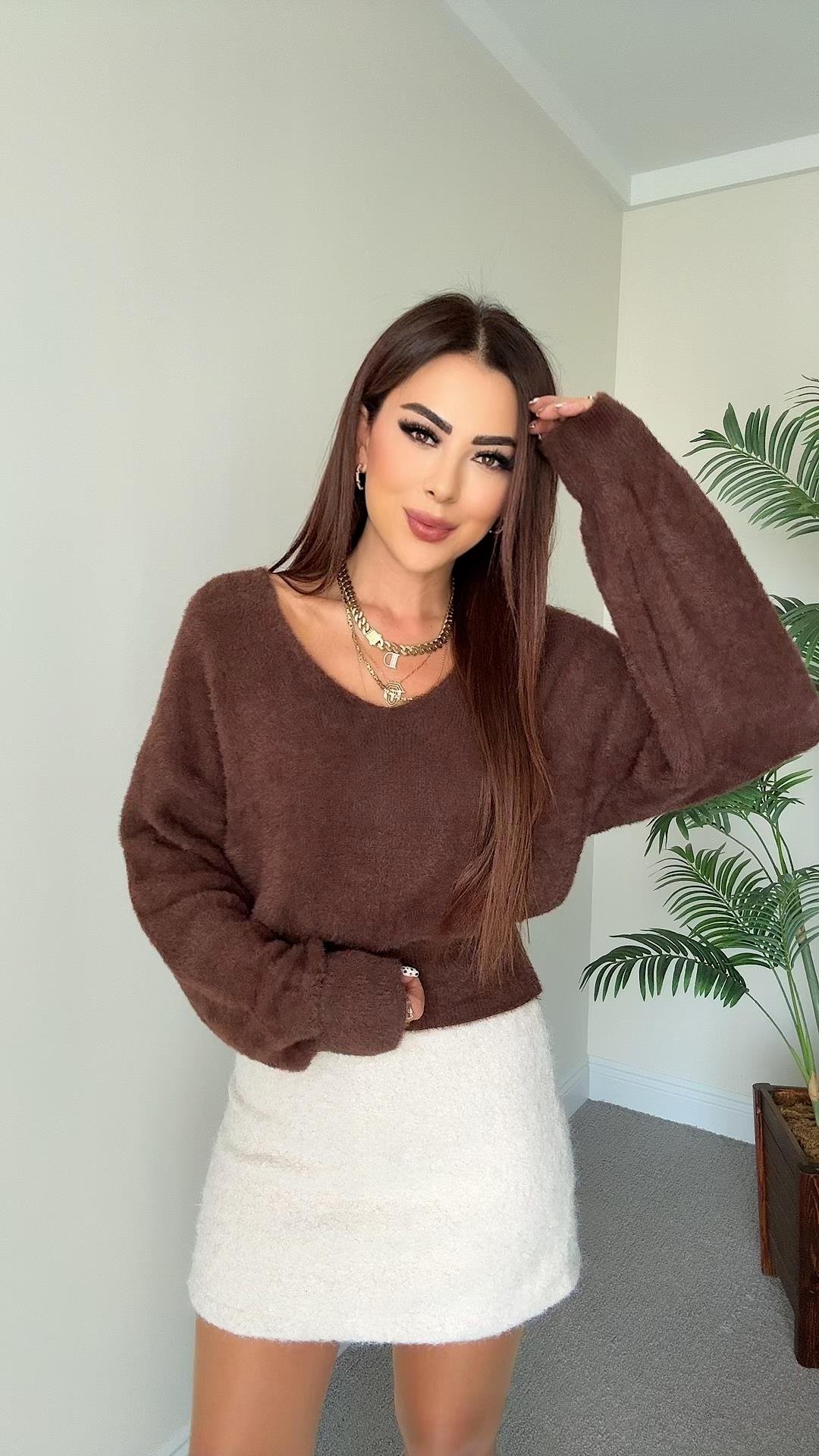 Limms Kadın Yumoş Doku Kahverengi V Yaka Triko