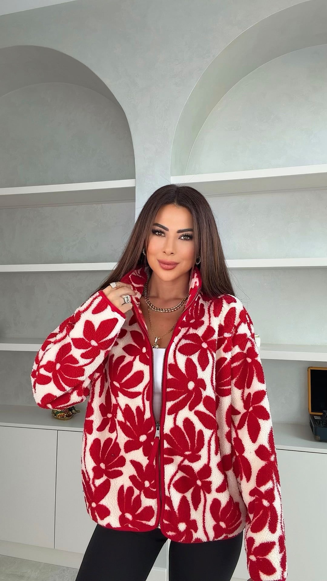 Lulin Kadın Çiçek Desenli Teddy Kırmızı Mont
