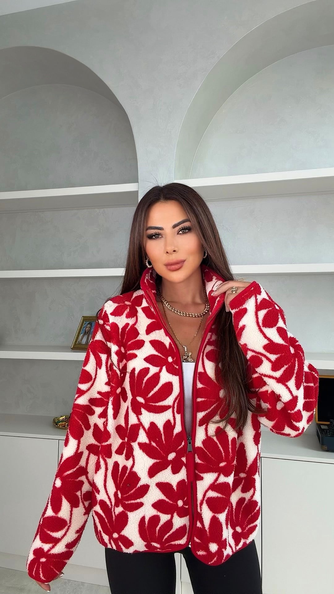 Lulin Kadın Çiçek Desenli Teddy Kırmızı Mont