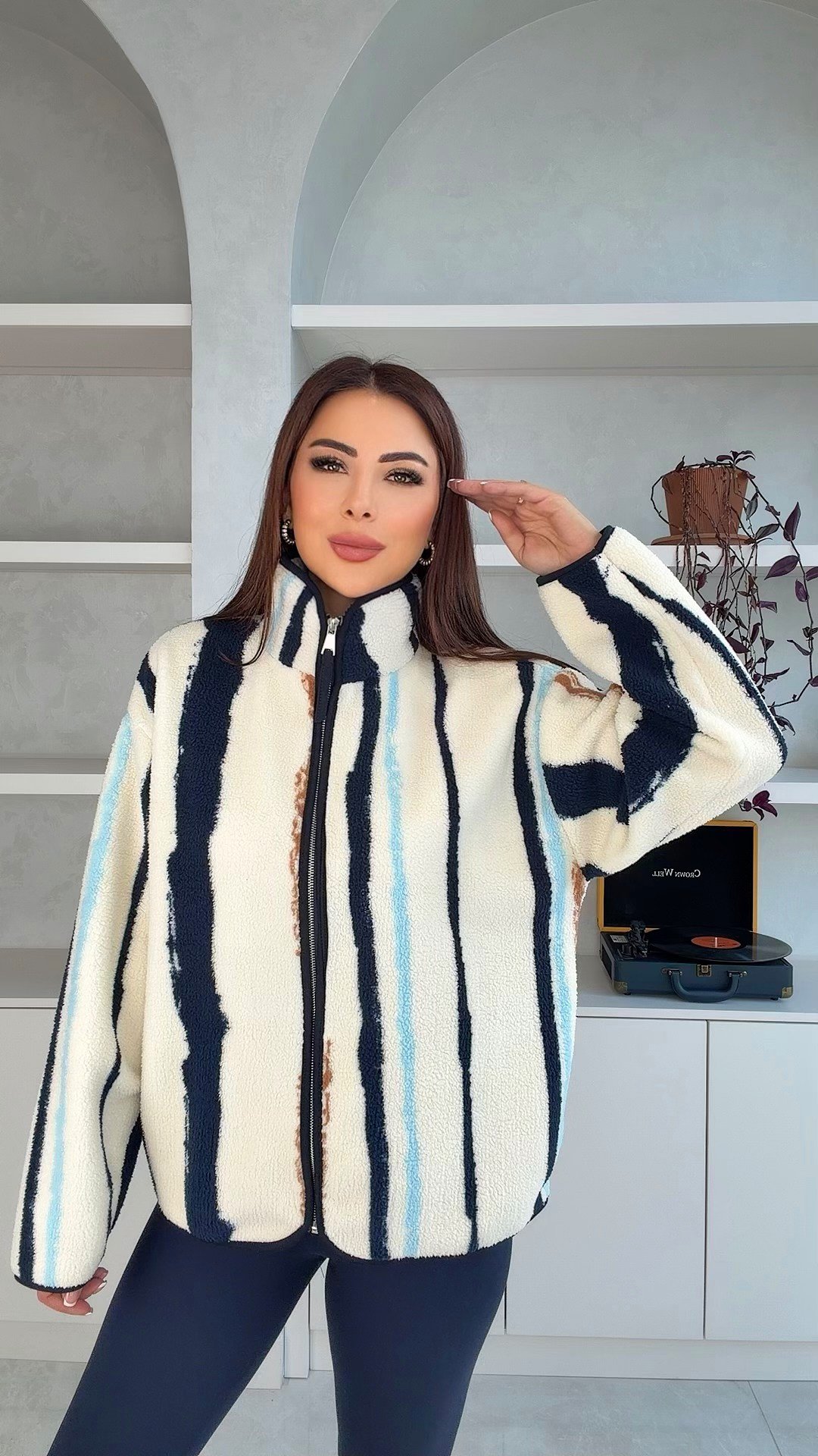 Lumina Kadın Çizgi Desenli Polar Ceket