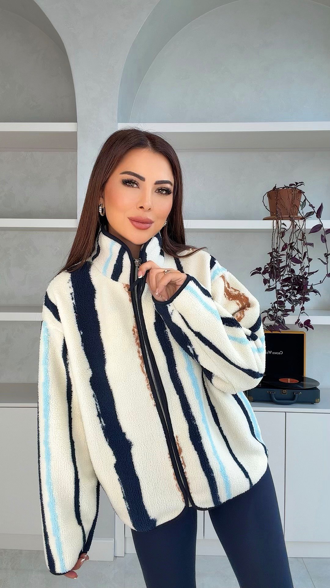 Lumina Kadın Çizgi Desenli Polar Ceket