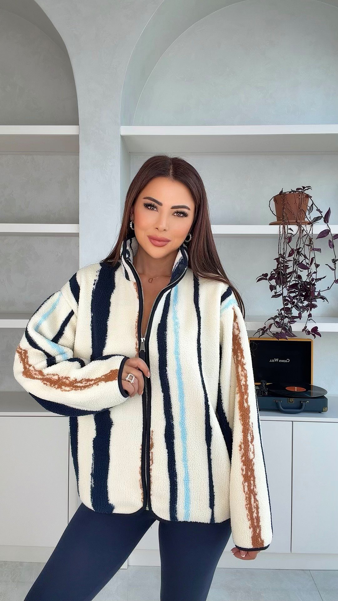Lumina Kadın Çizgi Desenli Polar Ceket